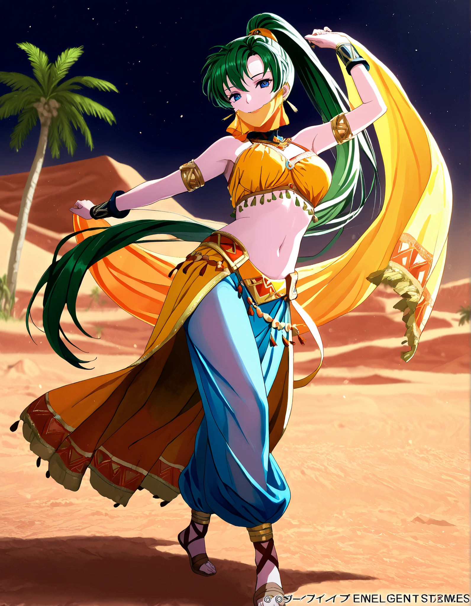 (1girl:1 . 5) , (Seul:1 . 5) , score_9 , score_8_haut , score_7_haut , source_anime , Official work , ultra-detailed , masterpiece , best quality , high resolution , beaux yeux , detailed eyes , Detailed face , beautiful detailed eyes,1girl,green hair, very long hair, high ponytail, blue eyes,Fire Emblem,Lyn,Arabian Clothes , Arabian Dancer Outfit ,belly dancer costume,belly dancer outfit ,full body,golden jewelery,mouth veil,armlet, belly dancing,night,desert lands,palm tree,seductive smile, dancing with veil, dynamic movement,dance posture, pose