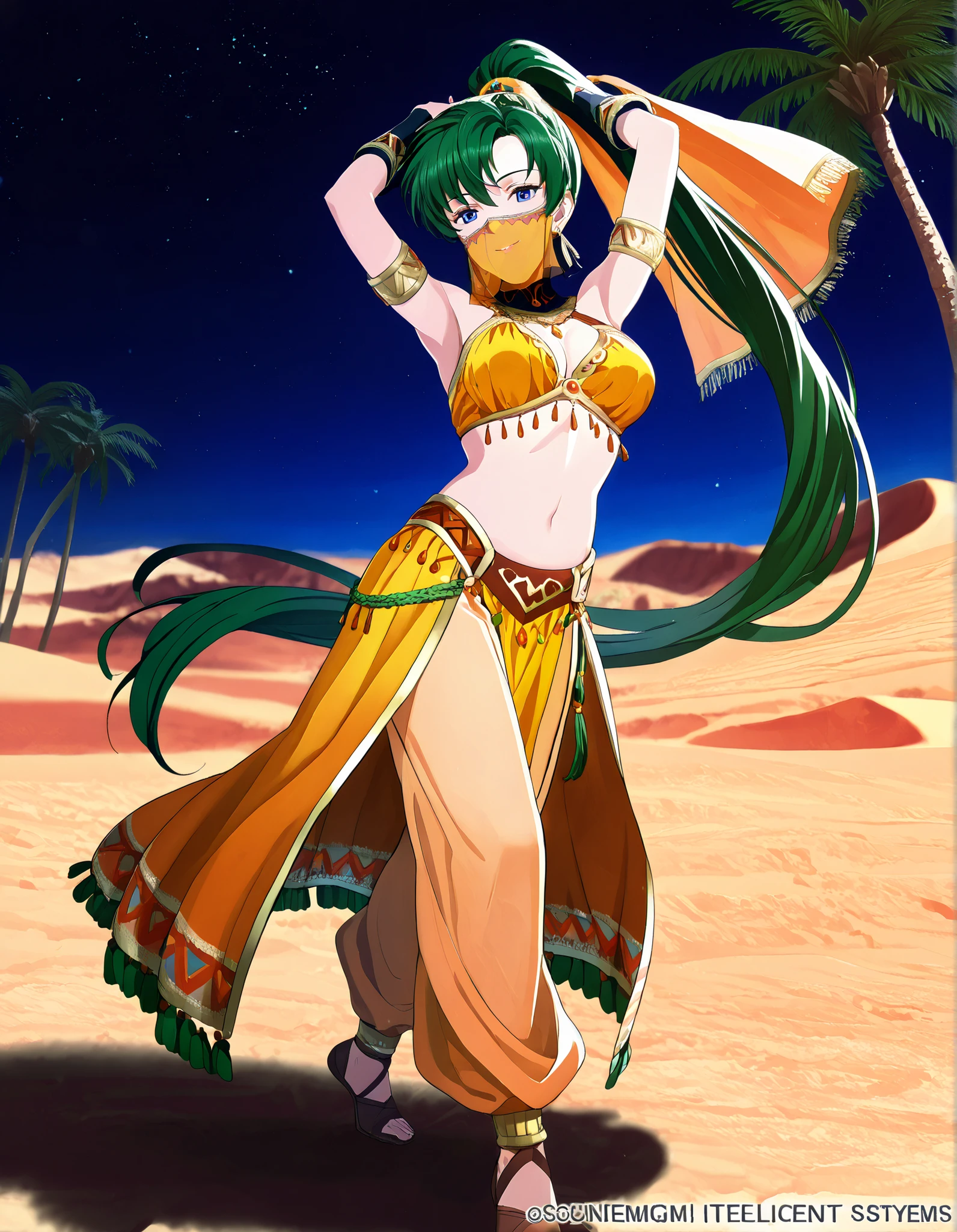 (1girl:1 . 5) , (Seul:1 . 5) , score_9 , score_8_haut , score_7_haut , source_anime , Official work  , ultra-detailed , masterpiece , best quality , high resolution , beaux yeux , detailed eyes , Detailed face , beautiful detailed eyes,1girl,green hair, very long hair, high ponytail, blue eyes,Fire Emblem,Lyn,Arabian Clothes , Arabian Dancer Outfit ,belly dancer costume,belly dancer outfit ,full body,golden jewelery,mouth veil,armlet, belly dancing,night,desert lands,palm tree,seductive smile, dancing with veil, dynamic movement,dance posture,  pose