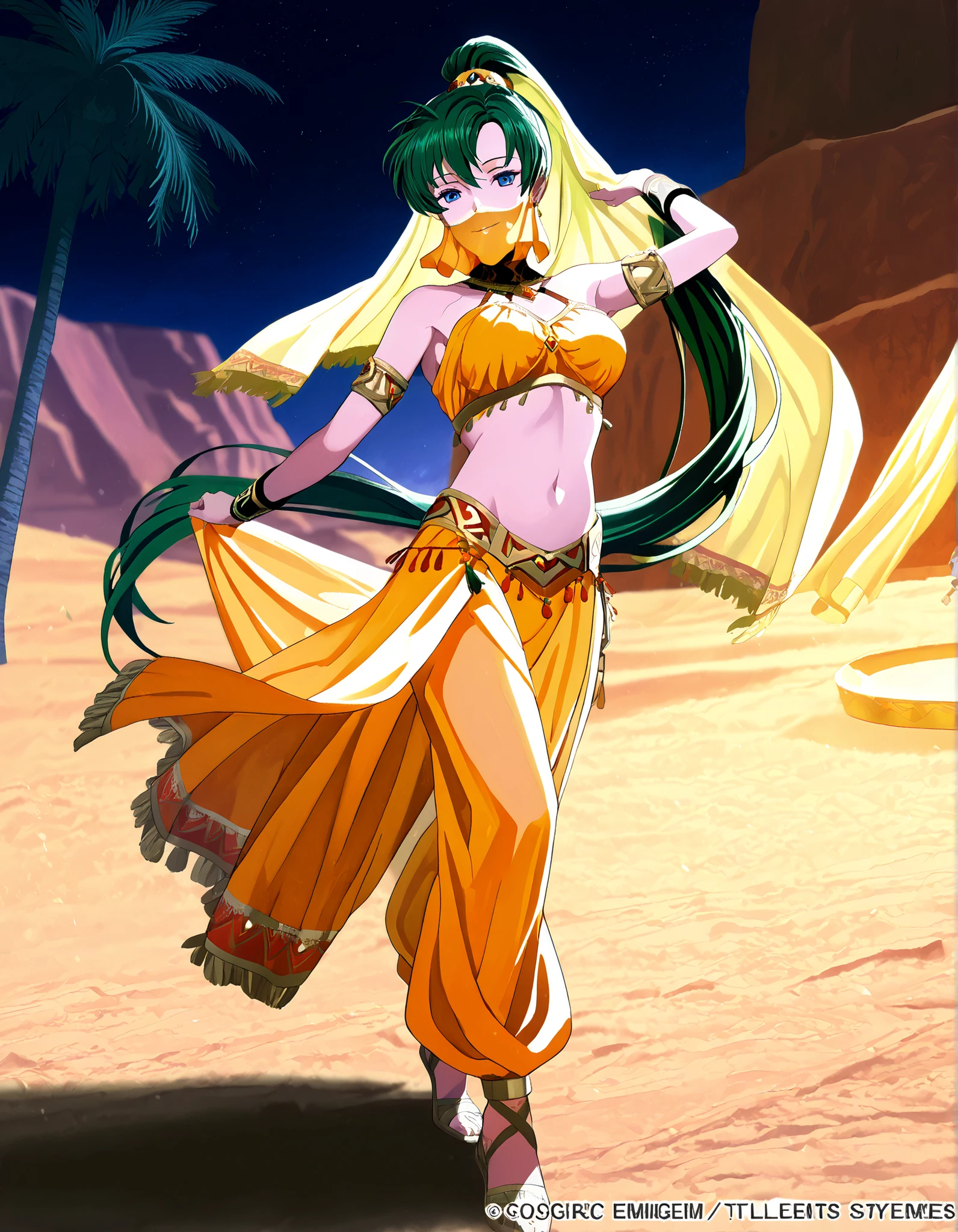 (1girl:1 . 5) , (Seul:1 . 5) , score_9 , score_8_haut , score_7_haut , source_anime , Official work  , ultra-detailed , masterpiece , best quality , high resolution , beaux yeux , detailed eyes , Detailed face , beautiful detailed eyes,1girl,green hair, very long hair, high ponytail, blue eyes,Fire Emblem,Lyn,Arabian Clothes , Arabian Dancer Outfit ,belly dancer costume,belly dancer outfit ,full body,golden jewelery,mouth veil,armlet, belly dancing,night,desert lands,palm tree,seductive smile, dancing with veil, dynamic movement,dance posture,  pose