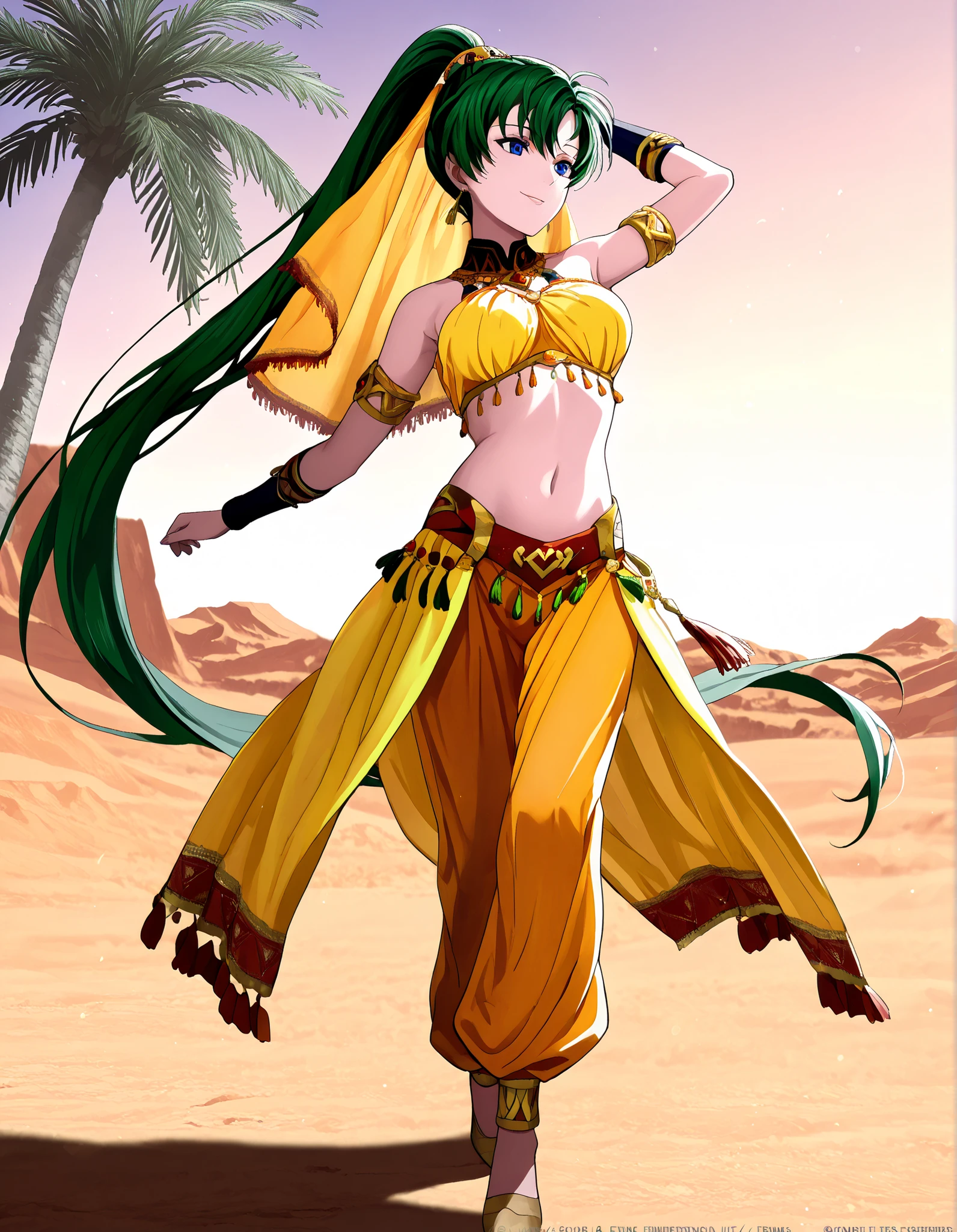 (1girl:1 . 5) , (Seul:1 . 5) , score_9 , score_8_haut , score_7_haut , source_anime , Official work  , ultra-detailed , masterpiece , best quality , high resolution , beaux yeux , detailed eyes , Detailed face , beautiful detailed eyes,1girl,green hair, very long hair, high ponytail, blue eyes,Fire Emblem,Lyn,Arabian Clothes , Arabian Dancer Outfit ,belly dancer costume,belly dancer outfit ,full body,golden jewelery,armlet, belly dancing,desert lands,palm tree,seductive smile, dancing with veil, dynamic movement,dance posture,  pose