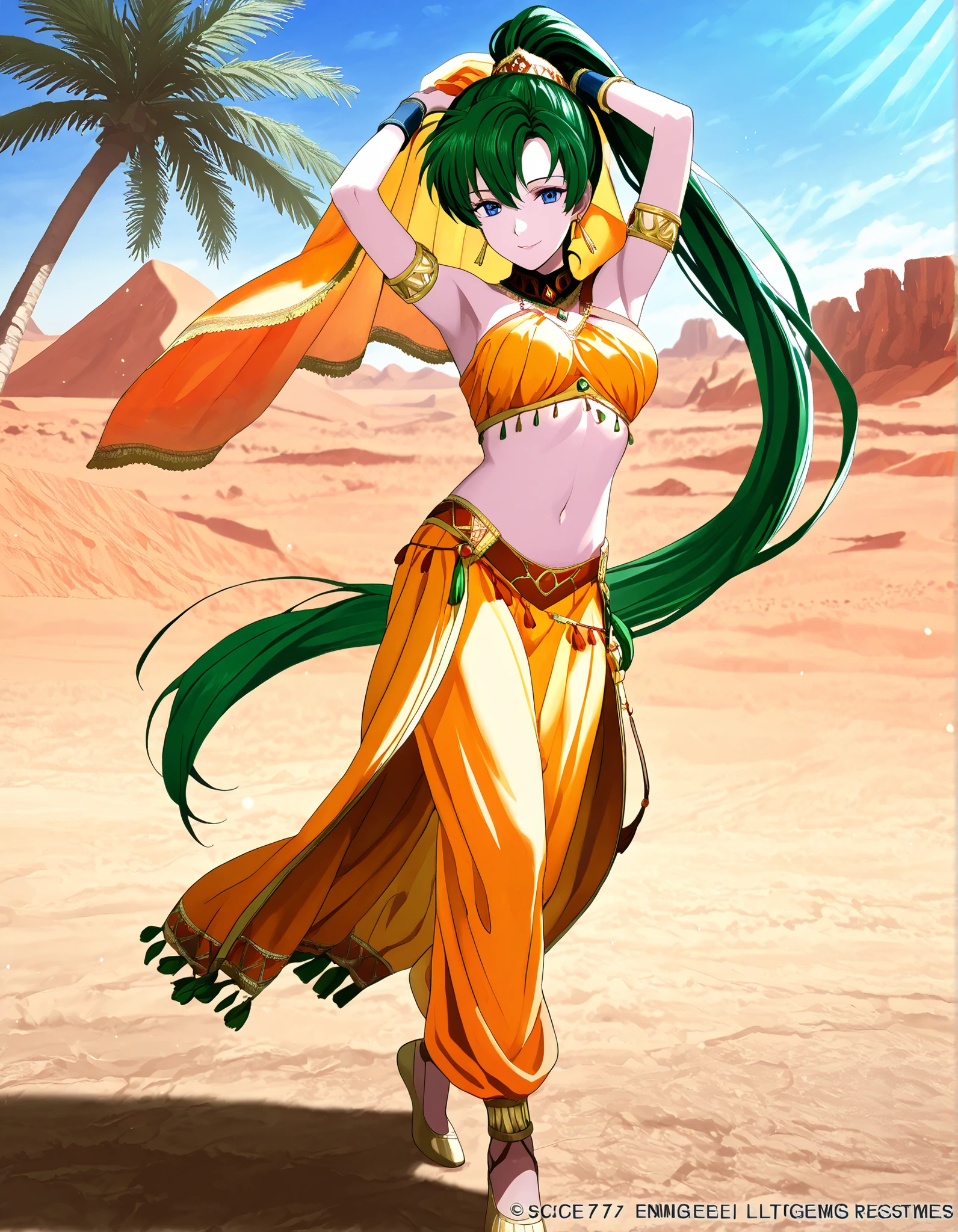 (1girl:1 . 5) , (Seul:1 . 5) , score_9 , score_8_haut , score_7_haut , source_anime , Official work , ultra-detailed , masterpiece , best quality , high resolution , beaux yeux , detailed eyes , Detailed face , beautiful detailed eyes,1girl,green hair, very long hair, high ponytail, blue eyes,Fire Emblem,Lyn,Arabian Clothes , Arabian Dancer Outfit ,belly dancer costume,belly dancer outfit ,full body,golden jewelery,armlet, belly dancing,desert lands,palm tree,seductive smile, dancing with veil, dynamic movement,dance posture, pose