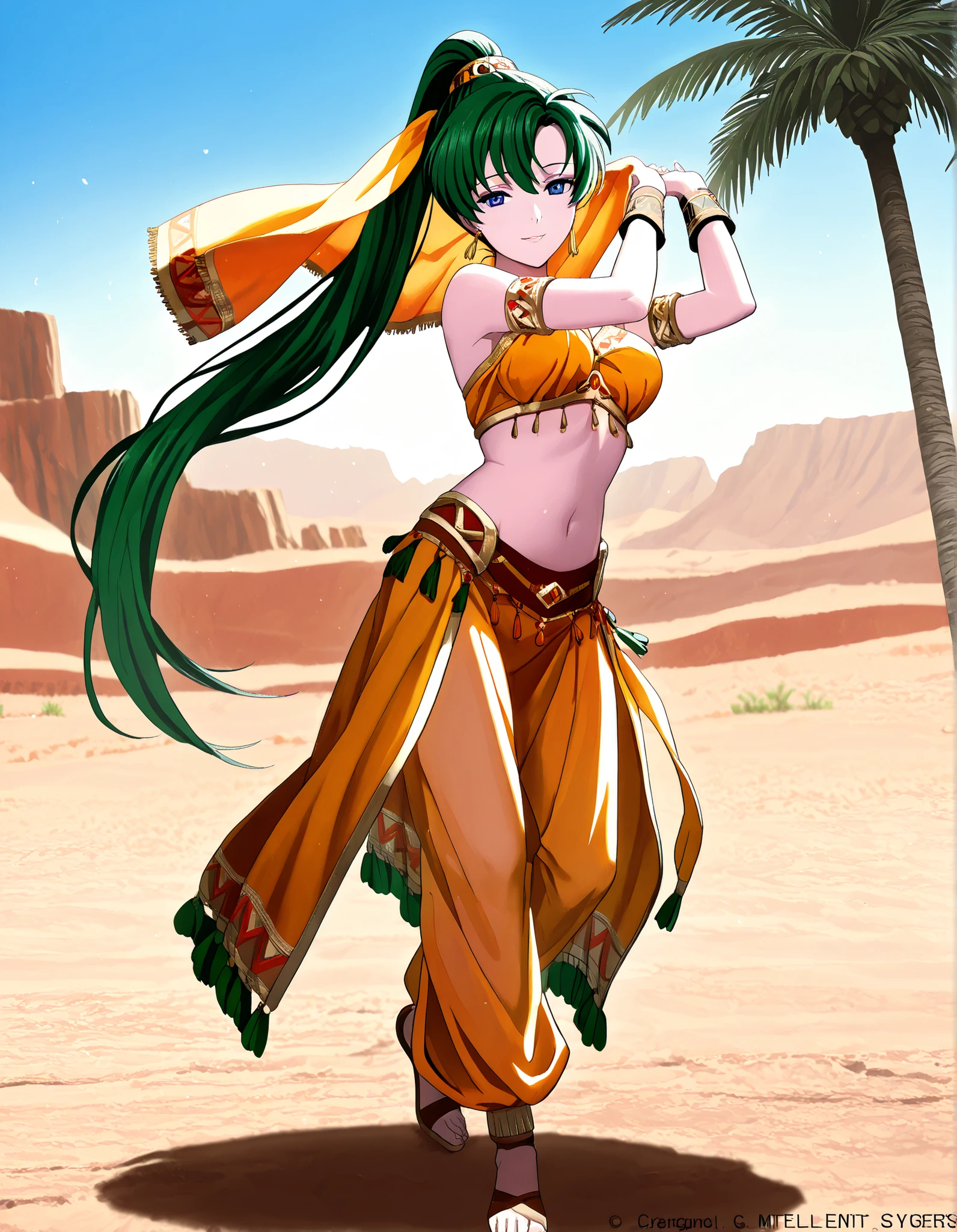 (1girl:1 . 5) , (Seul:1 . 5) , score_9 , score_8_haut , score_7_haut , source_anime , Official work  , ultra-detailed , masterpiece , best quality , high resolution , beaux yeux , detailed eyes , Detailed face , beautiful detailed eyes,1girl,green hair, very long hair, high ponytail, blue eyes,Fire Emblem,Lyn,Arabian Clothes , Arabian Dancer Outfit ,belly dancer costume,belly dancer outfit ,full body,golden jewelery,armlet, belly dancing,desert lands,palm tree,seductive smile, dancing with veil, dynamic movement,dance posture,  pose