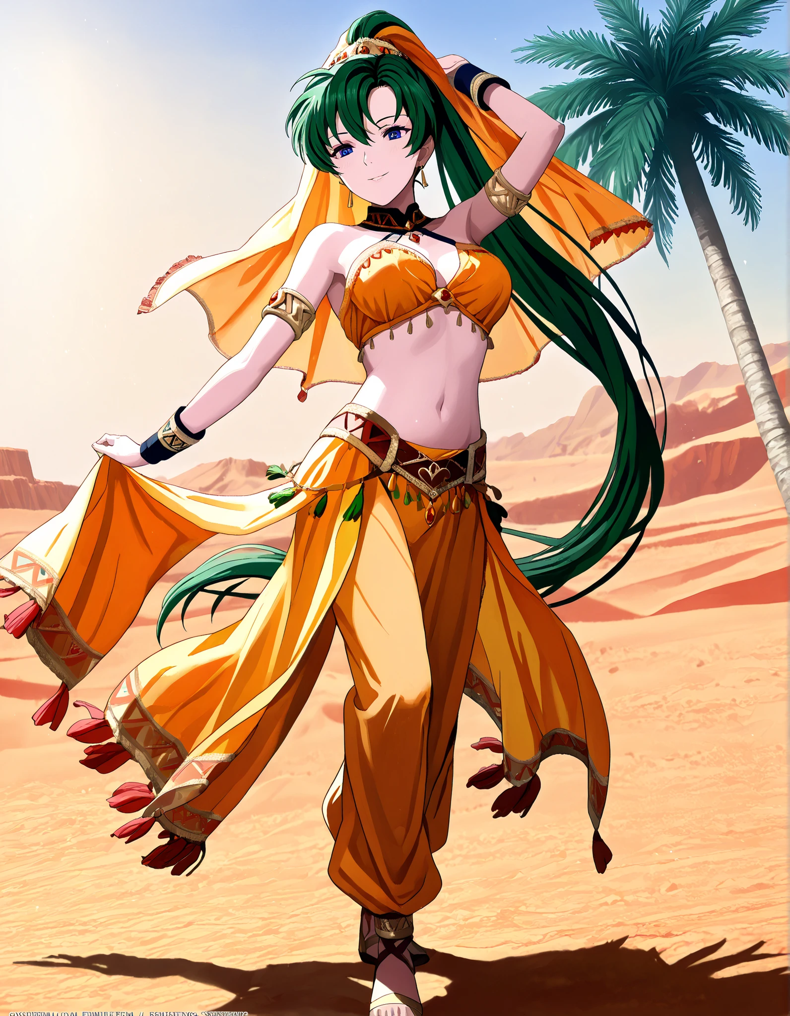 (1girl:1 . 5) , (Seul:1 . 5) , score_9 , score_8_haut , score_7_haut , source_anime , Official work , ultra-detailed , masterpiece , best quality , high resolution , beaux yeux , detailed eyes , Detailed face , beautiful detailed eyes,1girl,green hair, very long hair, high ponytail, blue eyes,Fire Emblem,Lyn,Arabian Clothes , Arabian Dancer Outfit ,belly dancer costume,belly dancer outfit ,full body,golden jewelery,armlet, belly dancing,desert lands,palm tree,seductive smile, dancing with veil, dynamic movement,dance posture, pose