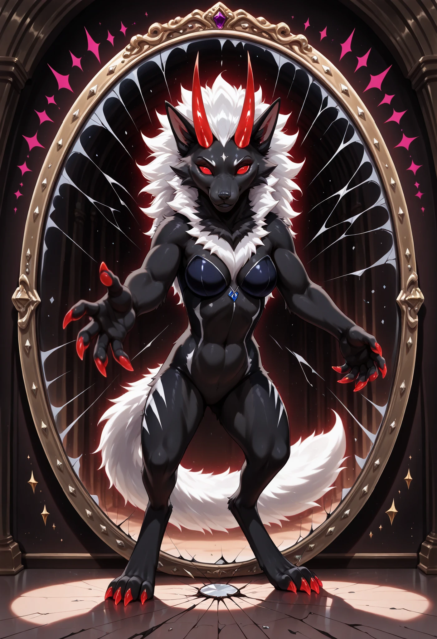 sharrax, ((((feral)))), ((female)), straight glowing horns,red glowing eyes without pupils, red glowing claws, pitch black body fur, luminous white mane, luminous white-black tail,abstract painting, 8K resolution, High detail, Realistic fur texture,
((high_quality)), ((Super_Detailed)), ,anime style, flat color style, mirror temptress, (medium close up:1.2), high quality, detailed, professional look, masterpiece, dramatic supernatural lighting, female, (standing before cracked mirror:1.5), large crack in mirror, (mirror image reaching out:1.4), temptress hand breaking through, hand slightly glowing, real girl looking startled, mirror image with seductive yet menacing smile, luxurious dark room background, deep shadows, cold light on real girl, warm seductive glow from mirror crack, shattered glass effect, boundary disruption, magical energy leaking, purple and crimson color scheme