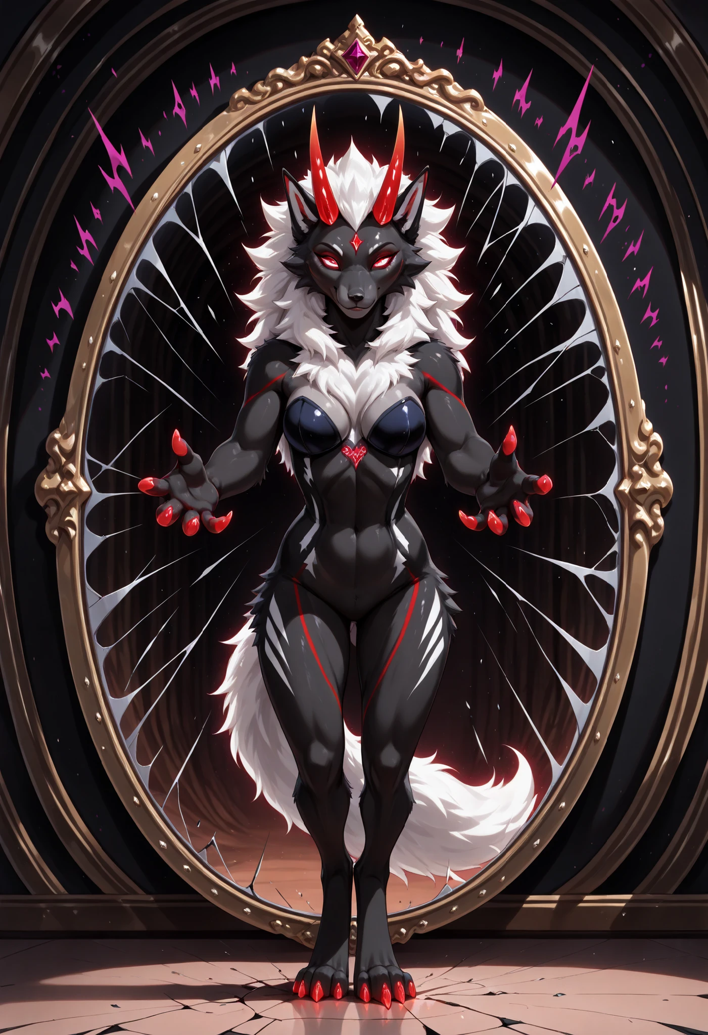 sharrax, ((((feral)))), ((female)), straight glowing horns,red glowing eyes without pupils, red glowing claws, pitch black body fur, luminous white mane, luminous white-black tail,abstract painting, 8K resolution, High detail, Realistic fur texture,
((high_quality)), ((Super_Detailed)), ,anime style, flat color style, mirror temptress, (medium close up:1.2), high quality, detailed, professional look, masterpiece, dramatic supernatural lighting, female, (standing before cracked mirror:1.5), large crack in mirror, (mirror image reaching out:1.4), temptress hand breaking through, hand slightly glowing, real girl looking startled, mirror image with seductive yet menacing smile, luxurious dark room background, deep shadows, cold light on real girl, warm seductive glow from mirror crack, shattered glass effect, boundary disruption, magical energy leaking, purple and crimson color scheme