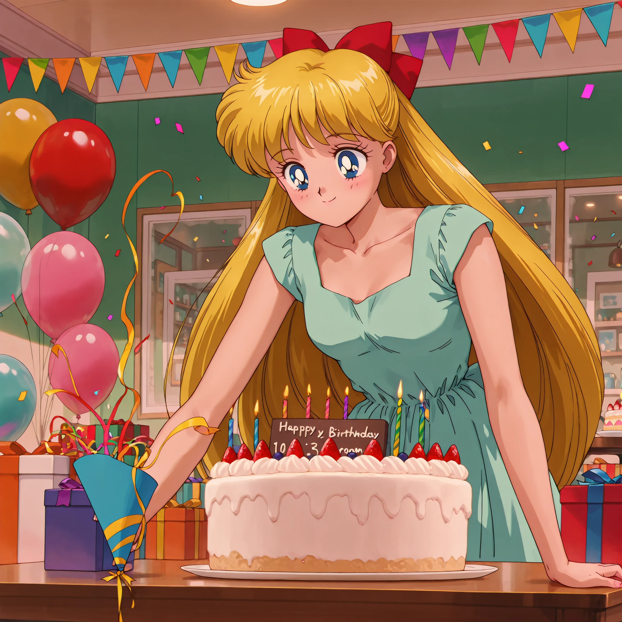 masterpiece, amazing quality, best quality, ultra-detailed, 8K, illustration, ultra-detailed-eyes, soft skin, very awa, very as2, soft body, 1990s \(style\), official art, ainominako, blonde hair, blue eyes, hair bow, half updo, long hair, small breasts, smile happy, casual blue dress, birthday cake, confetti, indoors, food, balloon, string of flags, table, happy birthday, gift box, party popper, cafe room, solo.1girl