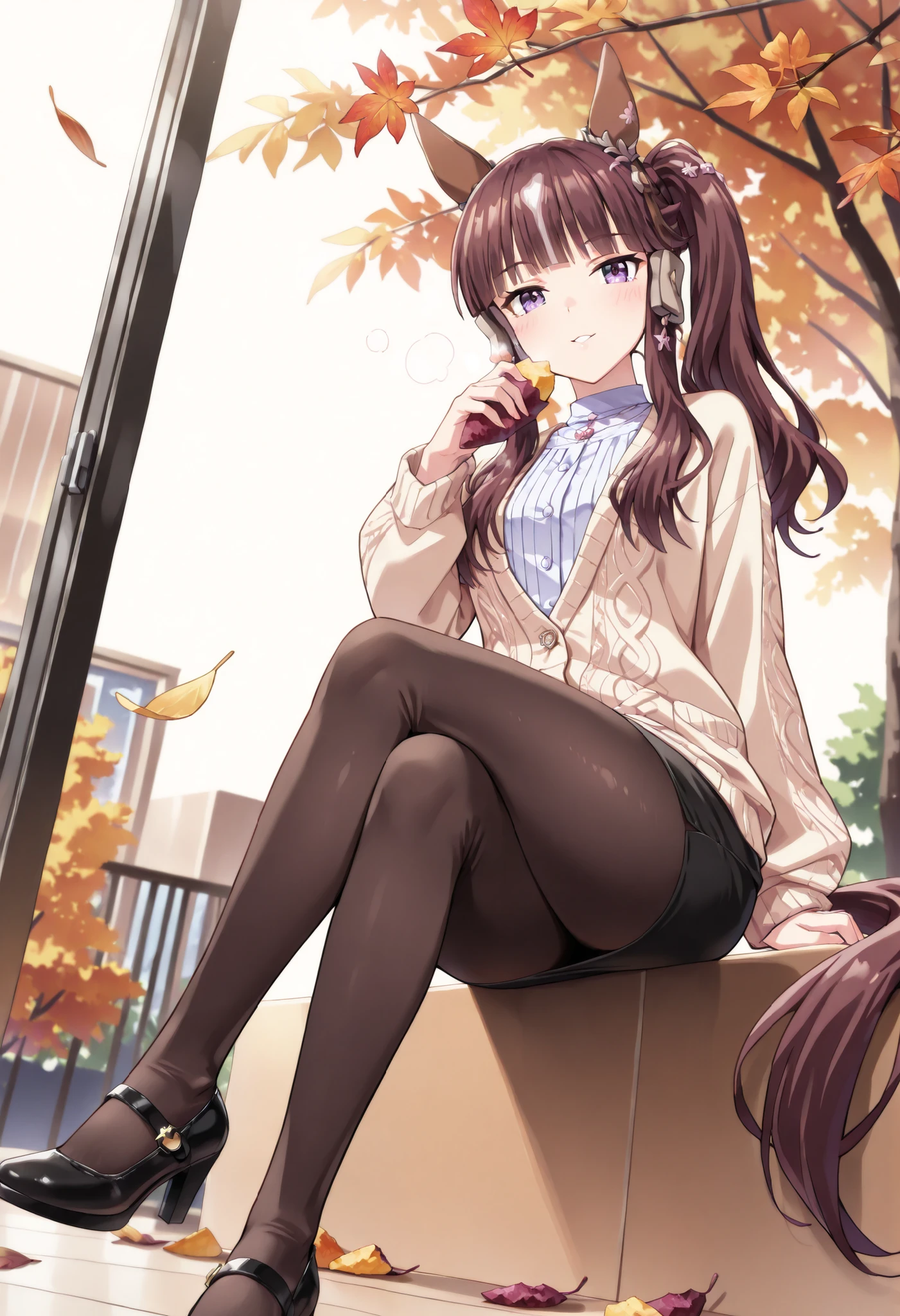 (masterpiece, best quality, perfect face:1.4), wide angle, lucky lilac \(umamusume\), side ponytail, horse ears, horse tail, tail on the lower back, proportional body, proportional,1 girl, beautiful hair, beautiful face, beautiful detailed eyes, beautiful clavicle, beautiful body, beautiful chest, beautiful thigh, beautiful legs, beautiful fingers, BREAK, white no sleeve blouse, wide neckline, black medium pencil skirt, black pantyhose, black pumps, sitting, crossed legs, BREAK, background: golden autumn park, ground layered with fallen leaves, warm sunset light filtering through red and orange foliage, food stalls faintly blurred in distance, air alive with cozy seasonal atmosphere, composition: cinematic close-mid shot, focus on her joyful expression and food, roasted sweet potato steaming visibly, leaves drifting softly in breeze, warm golden light framing subject in gentle glow, textures: crisp cardigan knit, glossy sweet potato skin splitting to reveal steaming golden interior, fallen leaves detailed in various hues, silky hair strands highlighted with sunset tones, skin radiant against warm palette, BREAK, good hands,