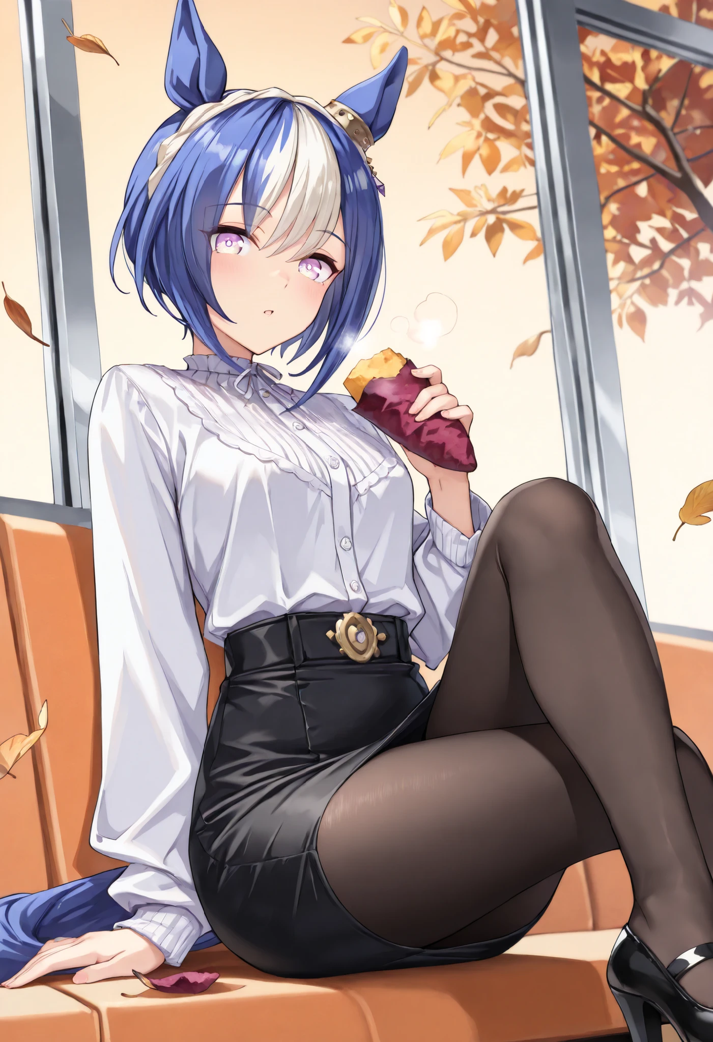 (masterpiece, best quality, perfect face:1.4), cesario \(umamusume\), ear ornament, horse ears, horse tail, tail on the lower back, proportional body, proportional,1 girl, beautiful hair, beautiful face, beautiful detailed eyes, beautiful clavicle, beautiful body, beautiful chest, beautiful thigh, beautiful legs, beautiful fingers, looking at viewer, BREAK, white no sleeve blouse, wide neckline, black medium pencil skirt, black pantyhose, black pumps, sitting, crossed legs, BREAK, background: golden autumn park, ground layered with fallen leaves, warm sunset light filtering through red and orange foliage, food stalls faintly blurred in distance, air alive with cozy seasonal atmosphere, composition: cinematic close-mid shot, focus on her joyful expression and food, roasted sweet potato steaming visibly, leaves drifting softly in breeze, warm golden light framing subject in gentle glow, textures: crisp cardigan knit, glossy sweet potato skin splitting to reveal steaming golden interior, fallen leaves detailed in various hues, silky hair strands highlighted with sunset tones, skin radiant against warm palette, BREAK, good hands,