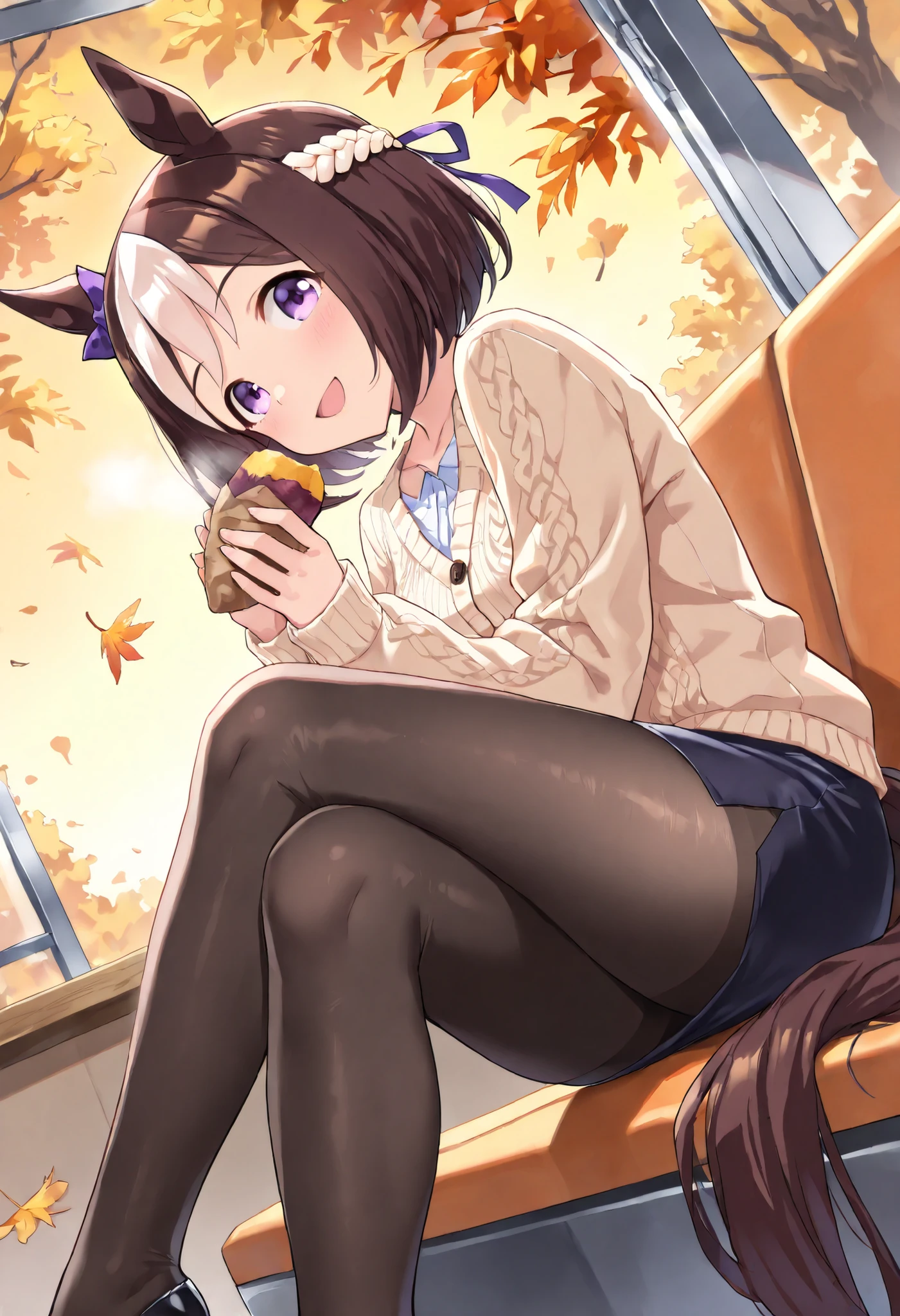 (masterpiece, best quality, perfect face:1.4), wide angle, special week \(umamusume\), horse ears, ear ornament, horse tail, tail on the lower back, proportional body, proportional,1 girl, beautiful hair, beautiful face, beautiful detailed eyes, beautiful clavicle, beautiful body, beautiful chest, beautiful thigh, beautiful legs, beautiful fingers, looking at viewer, BREAK, white no sleeve blouse, wide neckline, black medium pencil skirt, black pantyhose, black pumps, sitting, crossed legs, BREAK, background: golden autumn park, ground layered with fallen leaves, warm sunset light filtering through red and orange foliage, food stalls faintly blurred in distance, air alive with cozy seasonal atmosphere, composition: cinematic close-mid shot, focus on her joyful expression and food, roasted sweet potato steaming visibly, leaves drifting softly in breeze, warm golden light framing subject in gentle glow, textures: crisp cardigan knit, glossy sweet potato skin splitting to reveal steaming golden interior, fallen leaves detailed in various hues, silky hair strands highlighted with sunset tones, skin radiant against warm palette, BREAK, good hands,