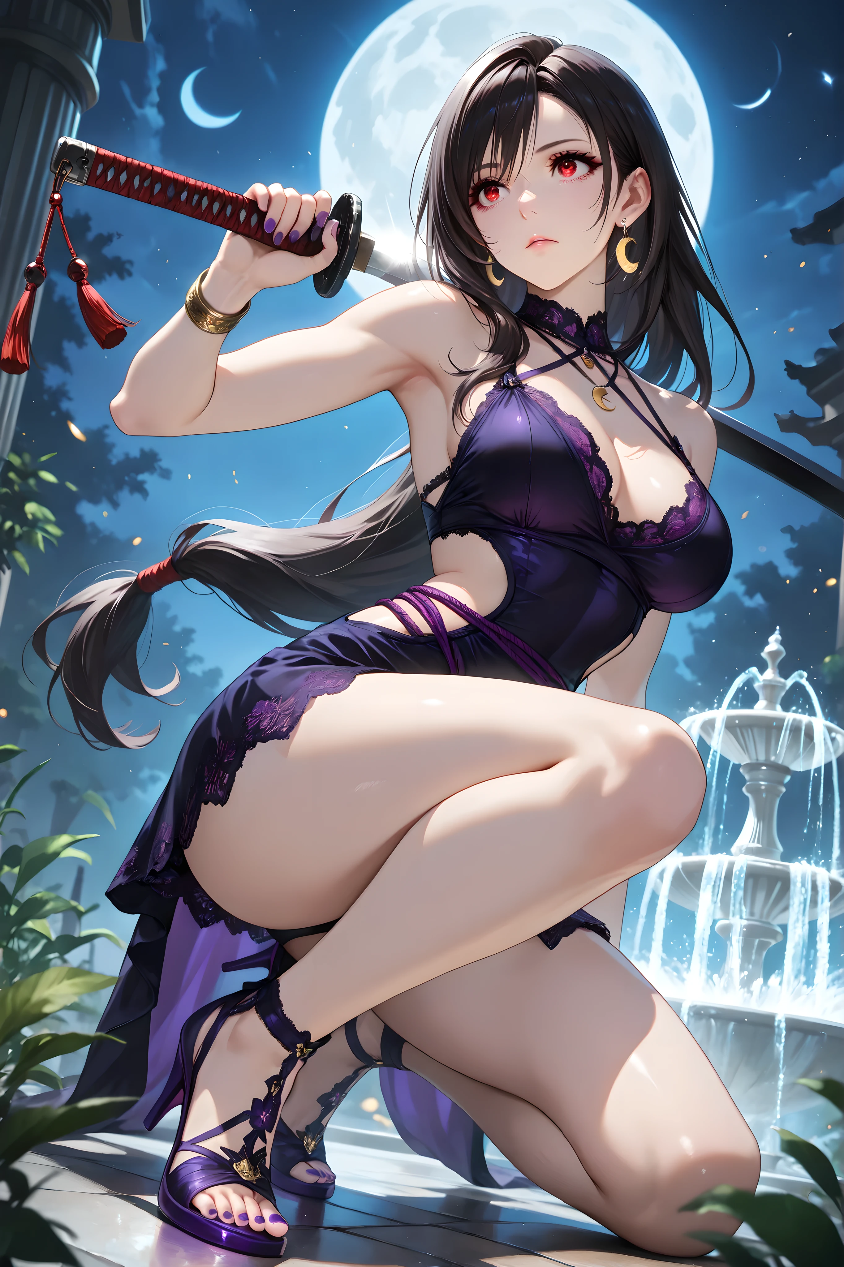 expressive eyes, expressive (add color here) eyes, detailed eyes, anime eyes, douyin eyes, high detail eyes, multicolored iris, detailed iris, long eyelashes, dark eyelashes, full lashes, iaidou, weapon, katana, holding sword, ready to draw, sheathed, unsheathing, scabbard,, FF7Tifa, 1girl, black hair, red eyes, long hair, (beauitful eyes, detailed eyes), ((masterpiece)), Top Quality, very detailed, fountain, moonlight, moon, medium breasts, solo female, (purple lace mini dress, halter neckline, black lace trims, plant waist rope_black:1.3, sleeveless, jewellery, jewelry, metal bracelet, (crescent shaped earrings, waist tied up, waist cutout), pendant, purple toe heels:1.3, bare toes, 5 toes), 5 fingers, dynamic pose, dynamic composition, kneeing on one knee, look at the moon, thighs focus, toes focus, detailed muscle