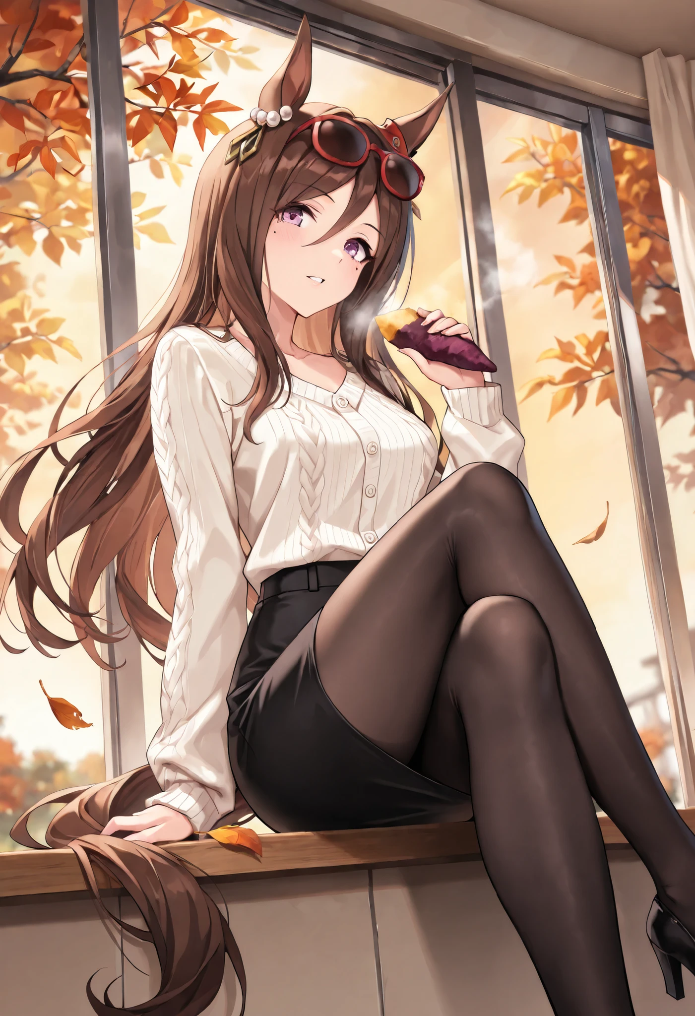 (masterpiece, best quality, perfect face:1.4), wide angle, seeking the pearl\(umamusume\), 1girl, mole under eye, horse ears, eyewear on head, ear ornament, horse tail, tail on the lower back, proportional body, proportional,1 girl, beautiful hair, beautiful face, beautiful detailed eyes, beautiful clavicle, beautiful body, beautiful chest, beautiful thigh, beautiful legs, beautiful fingers, looking at viewer, BREAK, white no sleeve blouse, wide neckline, black medium pencil skirt, black pantyhose, black pumps, sitting, crossed legs, BREAK, background: golden autumn park, ground layered with fallen leaves, warm sunset light filtering through red and orange foliage, food stalls faintly blurred in distance, air alive with cozy seasonal atmosphere, composition: cinematic close-mid shot, focus on her joyful expression and food, roasted sweet potato steaming visibly, leaves drifting softly in breeze, warm golden light framing subject in gentle glow, textures: crisp cardigan knit, glossy sweet potato skin splitting to reveal steaming golden interior, fallen leaves detailed in various hues, silky hair strands highlighted with sunset tones, skin radiant against warm palette, BREAK, good hands,

