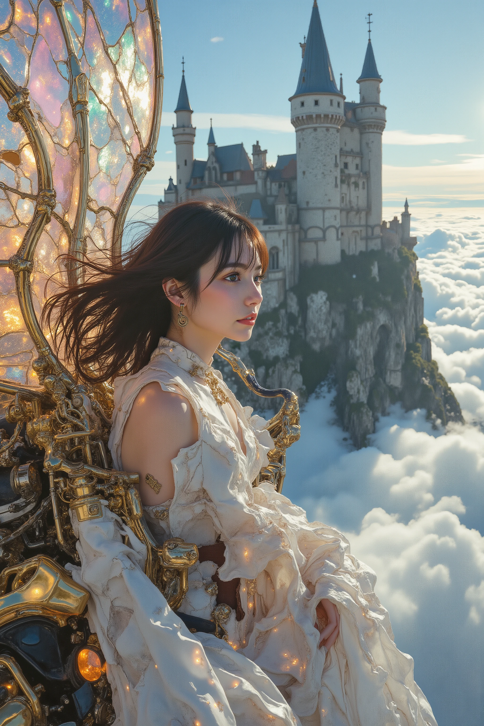 Ultra-realistic yet dreamlike cinematic painting style, inspired by the fantastical world of Inoue Naohisa’s Iblard. In the foreground: a steampunk-inspired futuristic flying machine with translucent mechanical wings, shimmering like stained glass, flapping gently with brass gears and glowing conduits. A beautiful woman pilots the craft, serene and adventurous, her hair flowing in the wind, wearing an elegant outfit blending steampunk leather harnesses with ethereal fabrics. The atmosphere is luminous and surreal, suffused with soft radiant light, pastel skies shifting from opaline blue to golden rose. In the distance: a vast Western-style ruined castle floating above the clouds, weathered stone walls and broken towers covered in ivy, arches crumbling yet majestic, suspended like a forgotten dream. The entire scene is suffused with Iblard-like fantasy: whimsical floating terraces, impossible perspectives, and a sense of timeless wonder. Composition follows the golden ratio, guiding the eye from the woman and flying craft toward the castle ruins. Hyper-detailed textures: shimmering wings, intricate machinery, realistic skin tones, aged stonework, drifting clouds with aerial perspective. Mood: poetic, enchanting, surreal, a vision of steampunk futurism meeting the dreamlike beauty of Iblard’s floating sky kingdom.