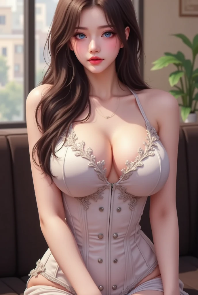 （dynamic angle，National treasure RAW photo，photorealestic：1.3，High quality detailed CG unity8k wallpaper，Extremely detailed eyes，Flesh temptation，Sexy，gigantic cleavage breasts，Big chest，sunder，Realistic details of skin，Sewing stockings，The reveal panties，Under the miniskirt：1.2，messy shortt hair，cinmatic lighting，lens flare glow）