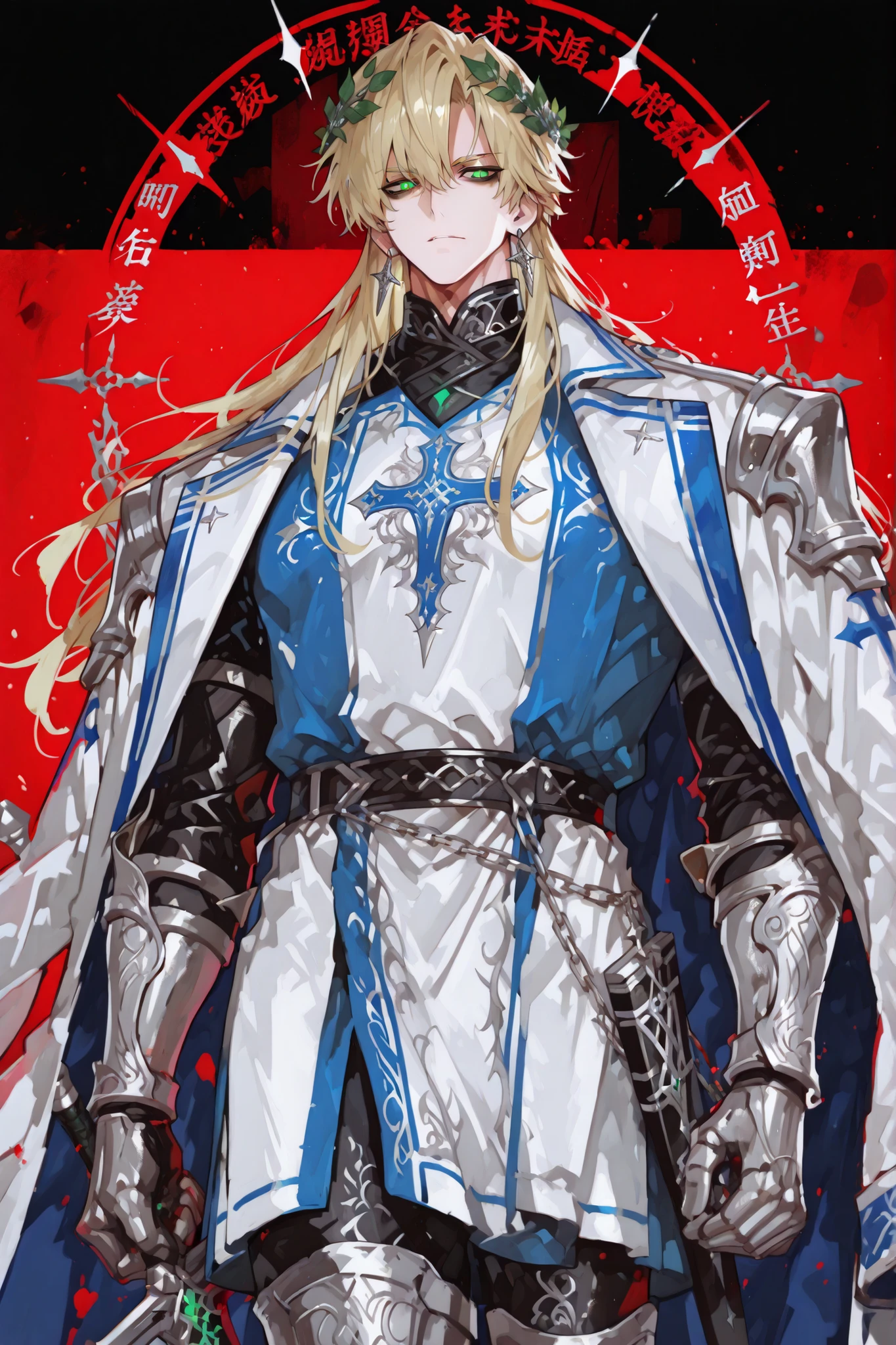 (male fantasy clothes, fantasy fashion, intricate fashion, cool, stylish, fantasy style man, cool fantasy style man, stylish man, handsome man,) Crusader knight,middle-edged man (male character). He has tall mighty broad-shouldered body shape with masculine features. He has metallic gold skintone. He has green glowing eyes. He has black leaking black mascara under his eyes. He has wavy LONG golden blond hairstyle floating in the air. He wears a scarlet thorned wreath on his head, as like Jesus. He is clad in silver knight armor:plastron, irregular shoulder pads with crosses, elbow pads, bracers, greaves, knee pads,armored boots. He wearing a scarlet tunic with a silver chain mail shirt. He has a sword. (On the background:war battlefield where are scarlet ensign with coat of arms a silver crosses. Frame with text written in Latin:"one sin and a thousand good deeds")