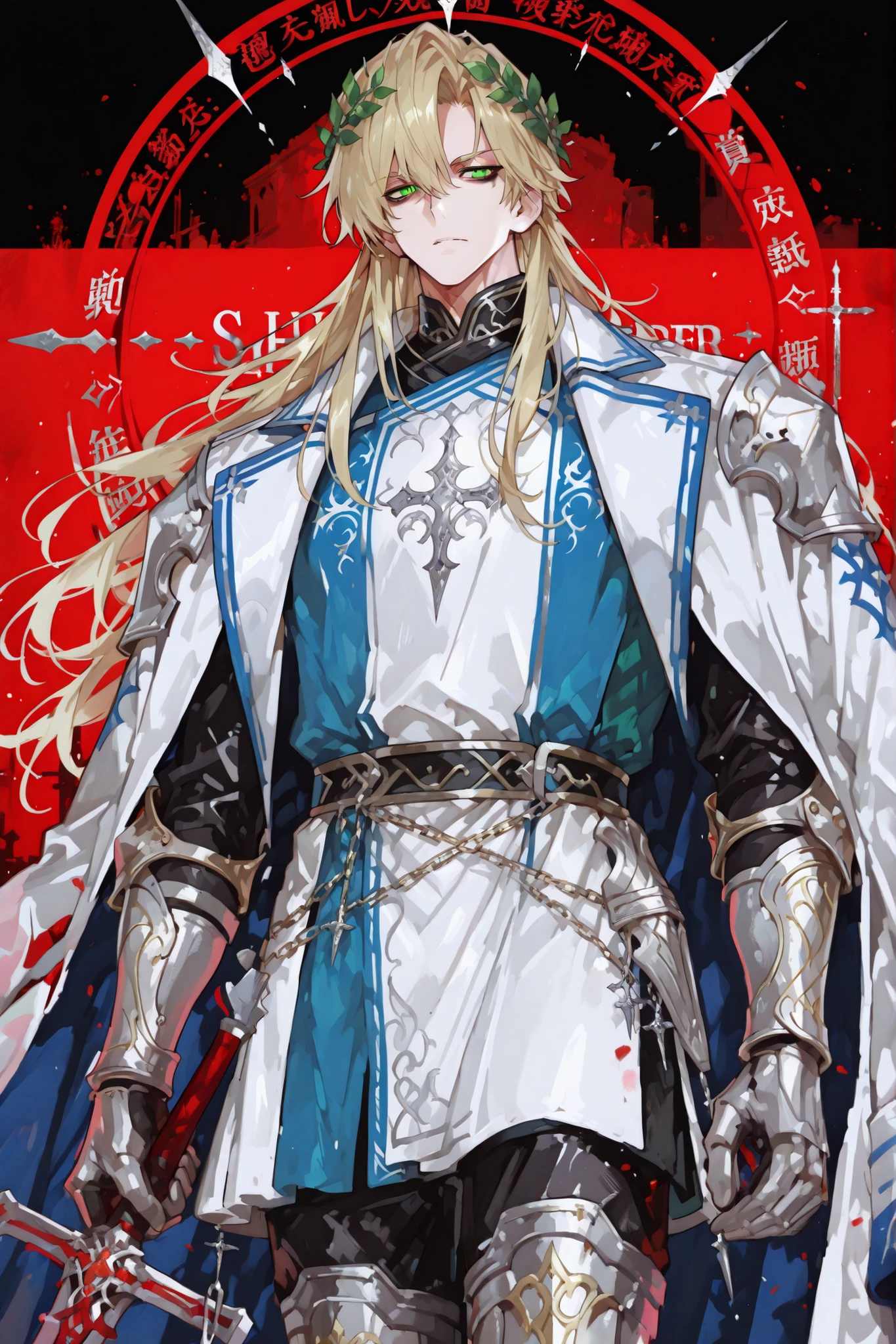 (male fantasy clothes, fantasy fashion, intricate fashion, cool, stylish, fantasy style man, cool fantasy style man, stylish man, handsome man,) Crusader knight,middle-edged man (male character). He has tall mighty broad-shouldered body shape with masculine features. He has metallic gold skintone. He has green glowing eyes. He has black leaking black mascara under his eyes. He has wavy LONG golden blond hairstyle floating in the air. He wears a scarlet thorned wreath on his head, as like Jesus. He is clad in silver knight armor:plastron, irregular shoulder pads with crosses, elbow pads, bracers, greaves, knee pads,armored boots. He wearing a scarlet tunic with a silver chain mail shirt. He has a sword. (On the background:war battlefield where are scarlet ensign with coat of arms a silver crosses. Frame with text written in Latin:"one sin and a thousand good deeds")