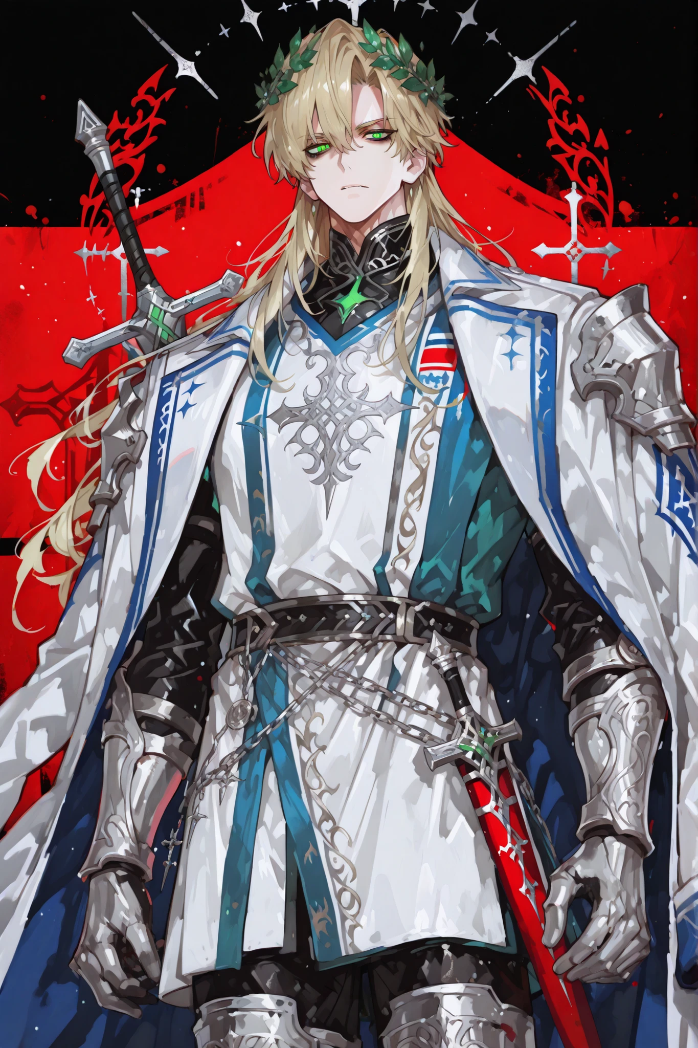 (male fantasy clothes, fantasy fashion, intricate fashion, cool, stylish, fantasy style man, cool fantasy style man, stylish man, handsome man,) Crusader knight,middle-edged man (male character). He has tall mighty broad-shouldered body shape with masculine features. He has metallic gold skintone. He has green glowing eyes. He has black leaking black mascara under his eyes. He has wavy LONG golden blond hairstyle floating in the air. He wears a scarlet thorned wreath on his head, as like Jesus. He is clad in silver knight armor:plastron, irregular shoulder pads with crosses, elbow pads, bracers, greaves, knee pads,armored boots. He wearing a scarlet tunic with a silver chain mail shirt. He has a sword. (On the background:war battlefield where are scarlet ensign with coat of arms a silver crosses. Frame with text written in Latin:"one sin and a thousand good deeds")