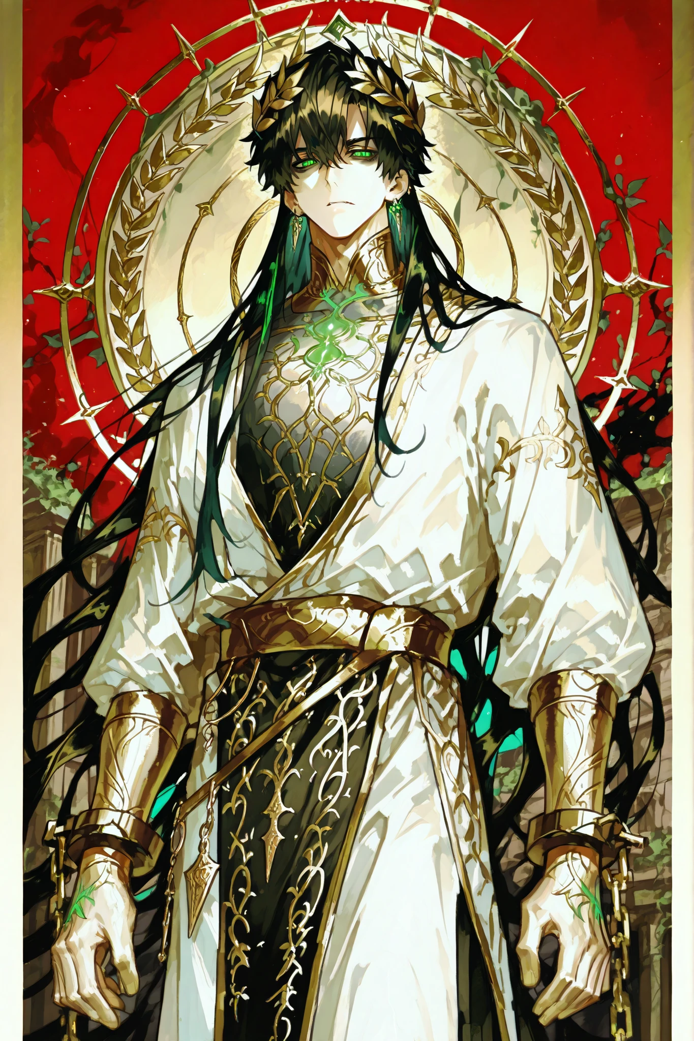 (male fantasy clothes, fantasy fashion, intricate fashion, cool, stylish, fantasy style man, cool fantasy style man, stylish man, handsome man,)  Ancient greek God, middle-edged man (male character). He has tall mighty broad-shouldered body shape with masculine features. He has metallic gold skintone. He covered with melted gold liquid. (He chained with golden chains.) He has green glowing eyes. He has black leaking black mascara under his eyes. He wears a wreath of scarlet laurel crown on his head. He has wavy LONG golden hairstyle floating in the air. He wearing a scarlet red Greek toga (greco-roman tunic) with gold embroidery. He's barefoot. (On the background: an overgrown ancient Greek temple)