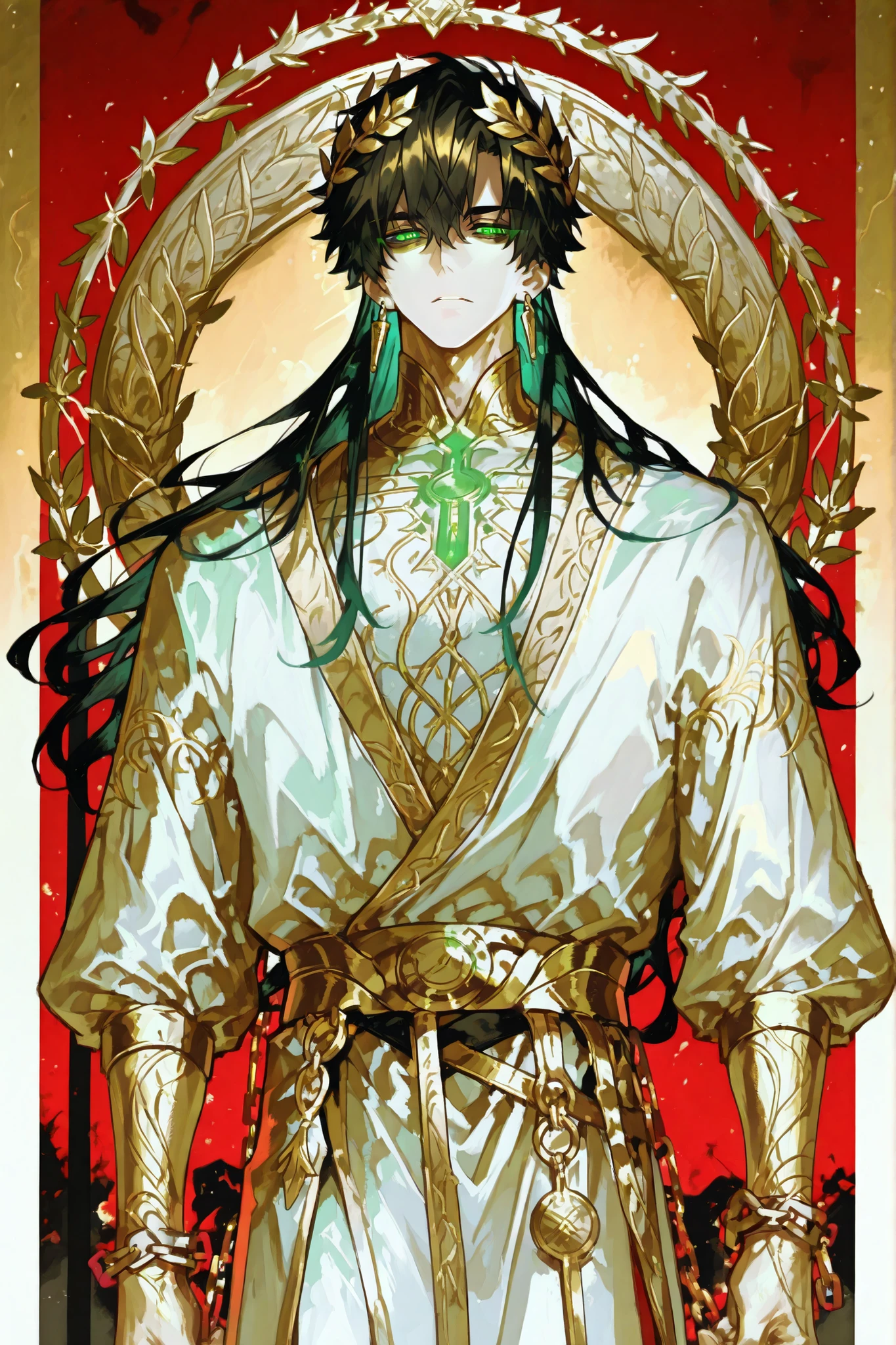 (male fantasy clothes, fantasy fashion, intricate fashion, cool, stylish, fantasy style man, cool fantasy style man, stylish man, handsome man,) Ancient greek God, middle-edged man (male character). He has tall mighty broad-shouldered body shape with masculine features. He has metallic gold skintone. He covered with melted gold liquid. (He chained with golden chains.) He has green glowing eyes. He has black leaking black mascara under his eyes. He wears a wreath of scarlet laurel crown on his head. He has wavy LONG golden hairstyle floating in the air. He wearing a scarlet red Greek toga (greco-roman tunic) with gold embroidery. He's barefoot. (On the background: an overgrown ancient Greek temple)