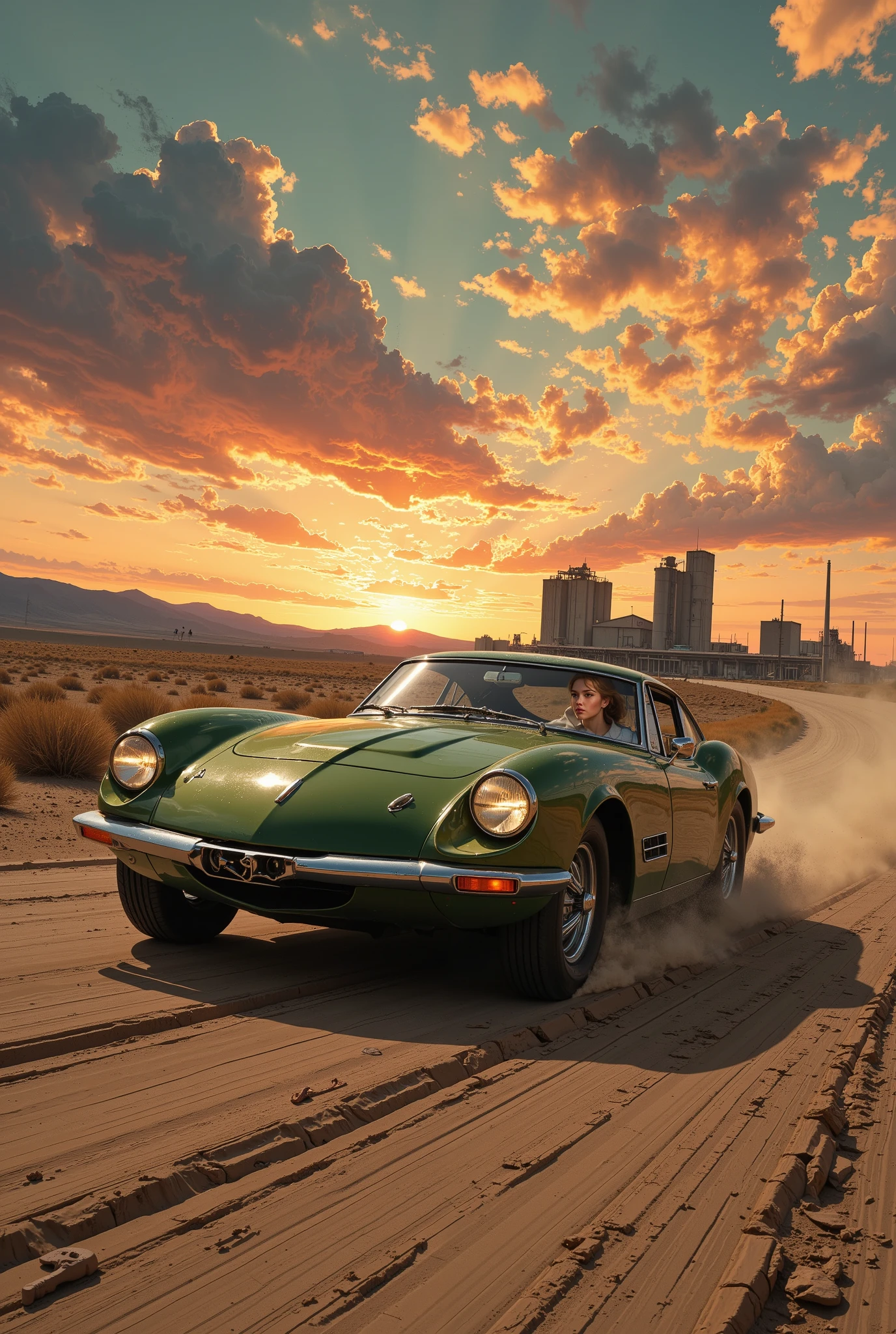 Dusk, a cyberpunk oil painting in the combined styles of Adolph Menzel and Boris Vallejo with influences from Syd Mead, H.R. Giger, and Simon Stalenhag shows a medium shot of a blonde Japanese woman, around 25 years old, with fair skin and alluring curves and blonde hair in a stacked bob that's curling under the chin and an untidy, side-swept fringe, wearing a flight attendant uniform featuring a white shirt with short summer sleeves and uniform epaulettes, an olive green short skirt and white high-heels and gloves, is driving a futuristic olive green Mazda coupé on a dusty desert road in the sunset, an industrial compound with silos in the background. The air is thick with the scent of ozone and dust, capturing the moment the private test goes violently public. Inspired by the dramatic, cinematic styles of Gustave Doré and Greg Rutkowski. The style is reminiscent of a graphic novel with sharp lines and vibrant colors mixed with brownish and olive green and purple tones, with a focus on creating a dramatic and noir atmosphere. The lighting is high contrast.