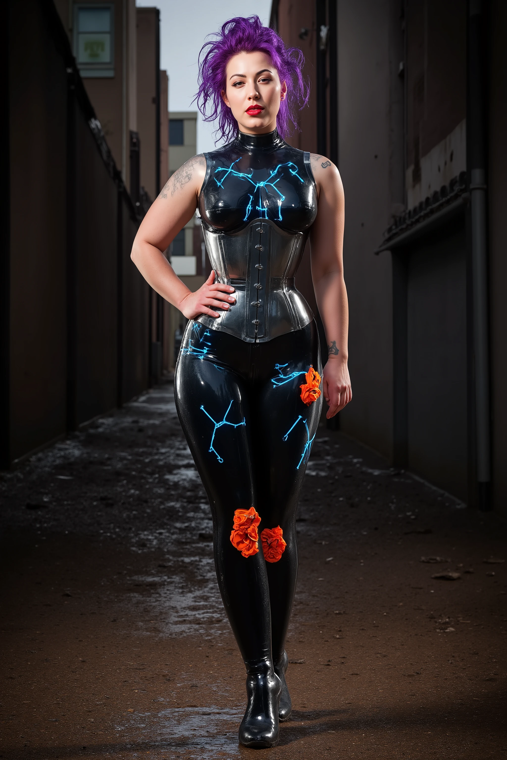 A muscular middle aged asian woman with chrome-plated limbs and glowing blue circuitry patterns on her body in a latex uit stands in a mud-drenched cyberpunk alley, wearing tight black latex leggings with hexagonal orange padding and a reflective silver corset, her hair is electric purple with fiber-optic strands,