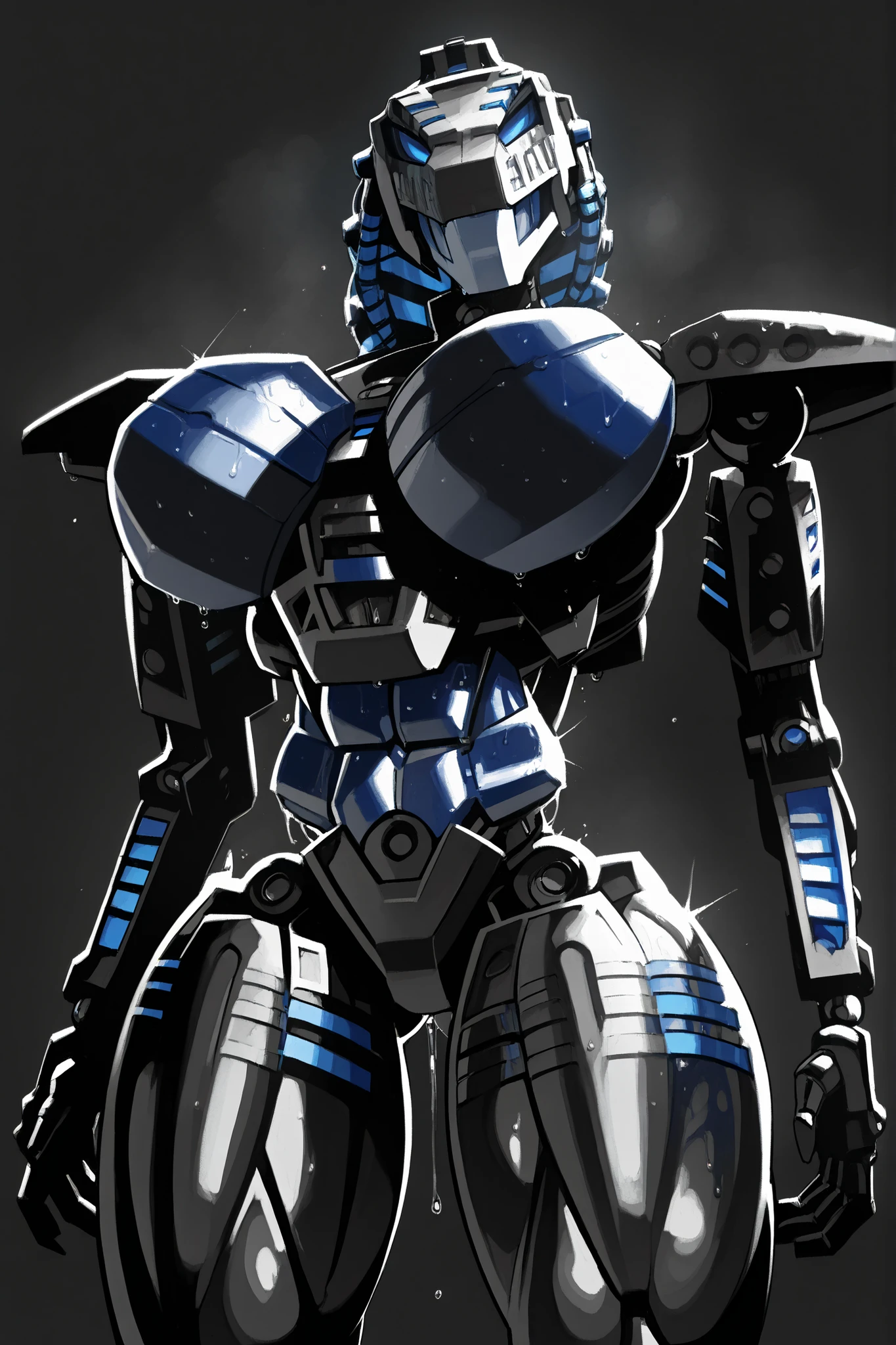 krekkov style, score_9, score_8_up, score_7_up , muscular, roodaka, bionicle, seductive pose, abs , breasts exposure, narrow waist, shiny body, metallic body, oiled body, jewelry, clothed, standing, massive breasts, massive thighs, sweaty, dripping