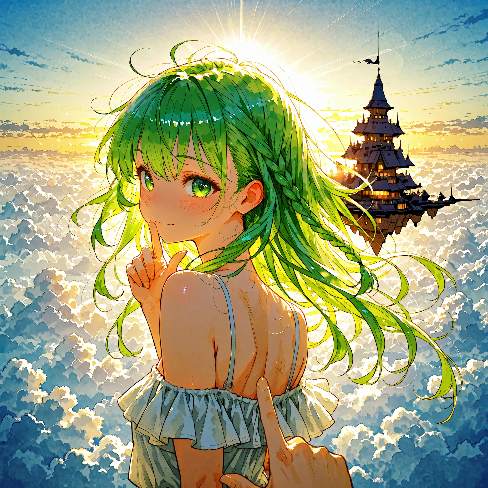 Watercolor-style,(((Watercolor-style))),(((Watercolor))),((no-outline)),((no- borders)), Colorful, individual hair strands, (Each hair delicate), (Delicate hair:1.3), (individual hair strands:1.3), finely drawn hair, (sharp lines:1.1), masterpiece, best quality, ultra-detailed, (masterpiece:1.3), (best quality), (ultra detailed), (dramatic lighting), (POV), (vertical composition:1.2),
sunrise over a vast meadow with warm golden light and dewy grass,
a beautiful anime girl with long pink braided hair turning back in an over-the-shoulder pose (back three-quarter view),
she looks toward the viewer while her torso is twisted, clearly showing she is turning back, not facing straight on,
bright green eyes shining with excitement, cheeks slightly blushed, joyful and emotional expression,
her right arm fully extended and clearly pointing upward and outward toward a floating castle in the distant sky (right hand pointing at the castle, not pointing at viewer),
her left hand reaching forward toward the viewer as if to take the viewer's hand, palm open and inviting,
the floating castle is far in the distance, suspended above the clouds, small due to perspective, glowing softly in morning sunlight, (floating castle above clouds:1.5), (castle suspended in the air:1.3), (small distant castle:1.2),
gentle wind moving her braids, frilled white shirt fluttering, soft lens flare from sunrise, depth of field emphasizing distance between girl and castle,
cinematic dramatic lighting, emotional storytelling, beautiful detailed eyes, perfect , (emotional connection:1.2), (POV:1.2)