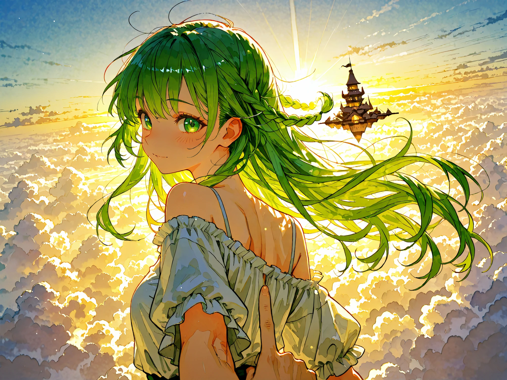 Watercolor-style,(((Watercolor-style))),(((Watercolor))),((no-outline)),((no- borders)), Colorful, individual hair strands, (Each hair delicate), (Delicate hair:1.3), (individual hair strands:1.3), finely drawn hair, (sharp lines:1.1), masterpiece, best quality, ultra-detailed, (masterpiece:1.3), (best quality), (ultra detailed), (dramatic lighting), (POV), (vertical composition:1.2),
sunrise over a vast meadow with warm golden light and dewy grass,
a beautiful anime girl with long pink braided hair turning back in an over-the-shoulder pose (back three-quarter view),
she looks toward the viewer while her torso is twisted, clearly showing she is turning back, not facing straight on,
bright green eyes shining with excitement, cheeks slightly blushed, joyful and emotional expression,
her right arm fully extended and clearly pointing upward and outward toward a floating castle in the distant sky (right hand pointing at the castle, not pointing at viewer),
her left hand reaching forward toward the viewer as if to take the viewer's hand, palm open and inviting,
the floating castle is far in the distance, suspended above the clouds, small due to perspective, glowing softly in morning sunlight, (floating castle above clouds:1.5), (castle suspended in the air:1.3), (small distant castle:1.2),
gentle wind moving her braids, frilled white shirt fluttering, soft lens flare from sunrise, depth of field emphasizing distance between girl and castle,
cinematic dramatic lighting, emotional storytelling, beautiful detailed eyes, perfect , (emotional connection:1.2), (POV:1.2)