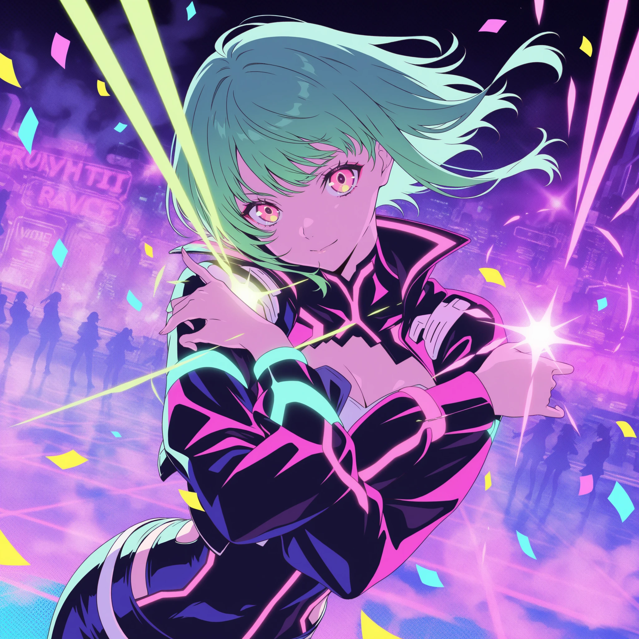 Set-Flat-Style, flat color, clean lines, screentones, graphic style, flat illustration, dynamic composition, high contrast,masterpiece, best quality, high resolution, anime style, happy rave cyberpunk scene, a vibrant girl dancing on a neon stage, glowing lasers, colorful light beams, smoke and confetti in the air, neon pink and green hair flowing, sparkling yellow-pink eyes, wearing glowing festival outfit with holographic details, dynamic pose, joyful expression, energetic atmosphere, dutch angle, cinematic lighting, vivid reflections, vibrant neon palette, futuristic rave environment, movement and rhythm captured in the air.