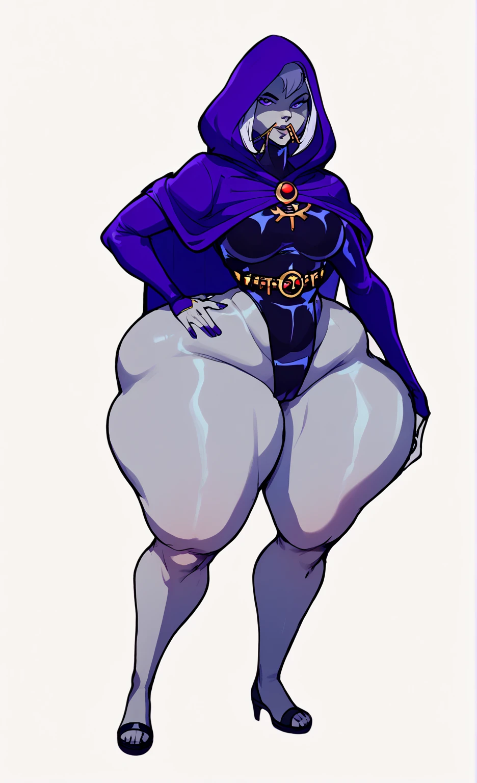 (solo:1.1),(masterpiece), (best quality:1.3),(nyantcha Style:1.3), ultra detailed, intricate, professional art, digital art, absurdres, shadraven, (Full body view:1.3), (far away view:1.1), 1girl, solo, (grey skin:1.4), dark purple hair, bob hair, dark purple eyes,  wider than shoulders, pear shaped body, jewellery, detailed thighs, (thick thighs:1.3), red jewel in forehead, jewels, (long sleeved turtleneck leotard:1.4), (Red jewel Belt), (red jewel brooch), cuffs, small ,  bulge, (raven long dark purple hooded cape), (Shadraven brooch:1.2), Shadraven jewel belt, Shadraven wearing a long sleeved leotard with fingerless gloves and ankle boots and a hooded cape, long legs, ( detailed long thick veiny  bulge:1.4), large , large , side view, looking at viewer, bubble  , gluteal crease, universal lighting,(Detailed ),
