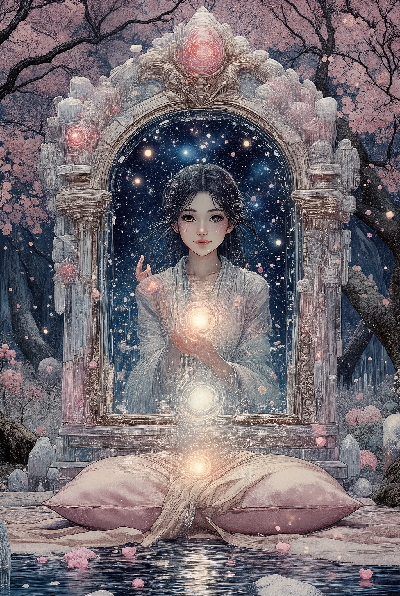 In the enchanted forest, where sakura showers ever-blooming petals into a river of stardust, there is a Crystal Pavilion. In its center, on a silk pillow, lies the mirror "Kiss of the Abyss" ("Abyssal Kiss"). Its frame is made of carved moonstone and frozen tears, and the surface shimmers like the surface of a lake under the night sky. It doesn't reflect your appearance; it reflects your "Kokoro no Katachi" (heart shape), an ideal version of yourself, cleansed of all flaws and regrets. A young warrior sees herself as the defender of the kingdom, a shy artist sees himself as a famous master whose paintings come to life, and a lonely scientist sees himself as loved and understood. The perfect reflection is smiling, his eyes full of promise. It stretches out its hand, and the mirror makes circles like on water. But it's a trap! Whoever accepts this hand will be swallowed up and become just another shining but empty soul in the kaleidoscope of eternal desires that nourish the mirror. It's not a lie — it's the truth that breaks the heart and takes the soul.