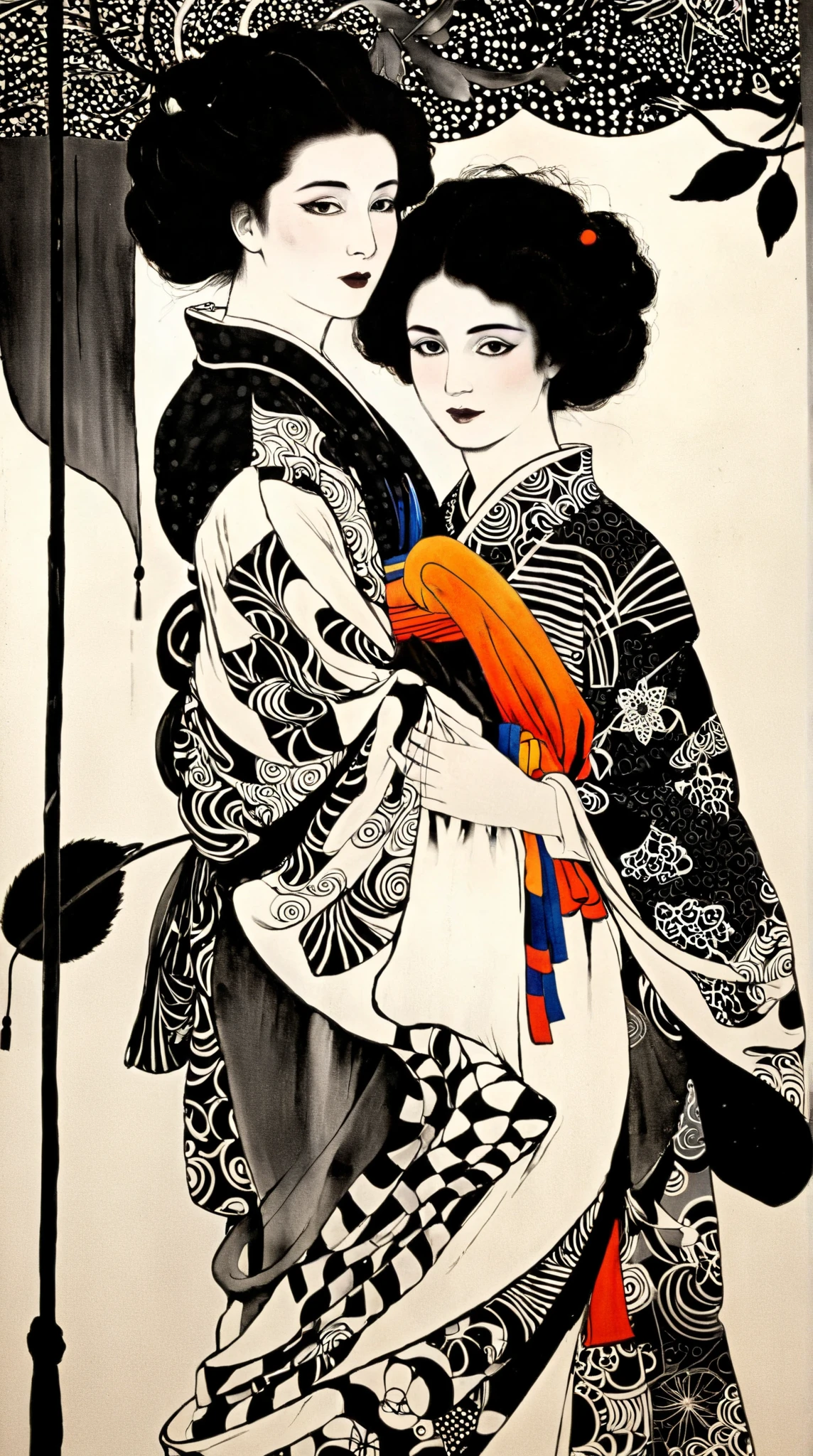 best quality, masterpiece, photo, 4K, photorealistic, highly detailed, huge moon in the background, black and white, closeup, Create a realistic ukiyo-e illustration of a cute girl in a kimono that conveys Japanese culture in various poses with a Japanese garden in the background, using a simple monochrome coloring book that even children can do.
