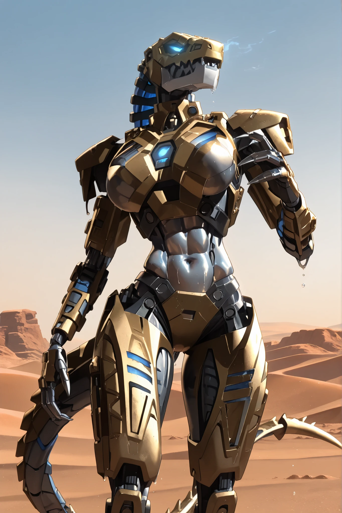 masterpiece, best quality, amazing quality, very aesthetic, high resolution, highly detailed, high quality, score_9, score_8_up, score_7_up , solo, muscular, roodaka, bionicle, anthro, dinosaur, lidded eyes, annoyed, glowing eyes, seductive pose, abs, breasts exposure, narrow waist, shiny body, metallic body, oiled body, jewelry, clothed, standing, massive breasts, massive thighs, sweaty, dripping, tail, beige body, dark grey body, desert camo, tactical vest, harness, crotch harness, 3d, render