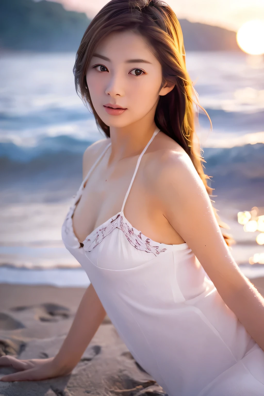 Create a high-quality, hyper-realistic portrait of a very beautiful Japanese idol. She is wearing a clean white summer dress and is squatting on the beach during sunset at sea. The deep indigo of the night sky contrasts with the last vestiges of crimson near the horizon, with swaying waves in the background. The girl has semi-long hair and a slender body with small breasts. The photo should capture her with detailed eyes, a detailed face, and a beautiful, sophisticated nose. The image should have a realistic, delicate, and finely detailed quality, suitable for a fashion magazine cover. Use cinema lighting and soft light to enhance her features. Ensure the photo is of the highest quality, with a resolution of 8K, making it perfect for a 2K wallpaper.