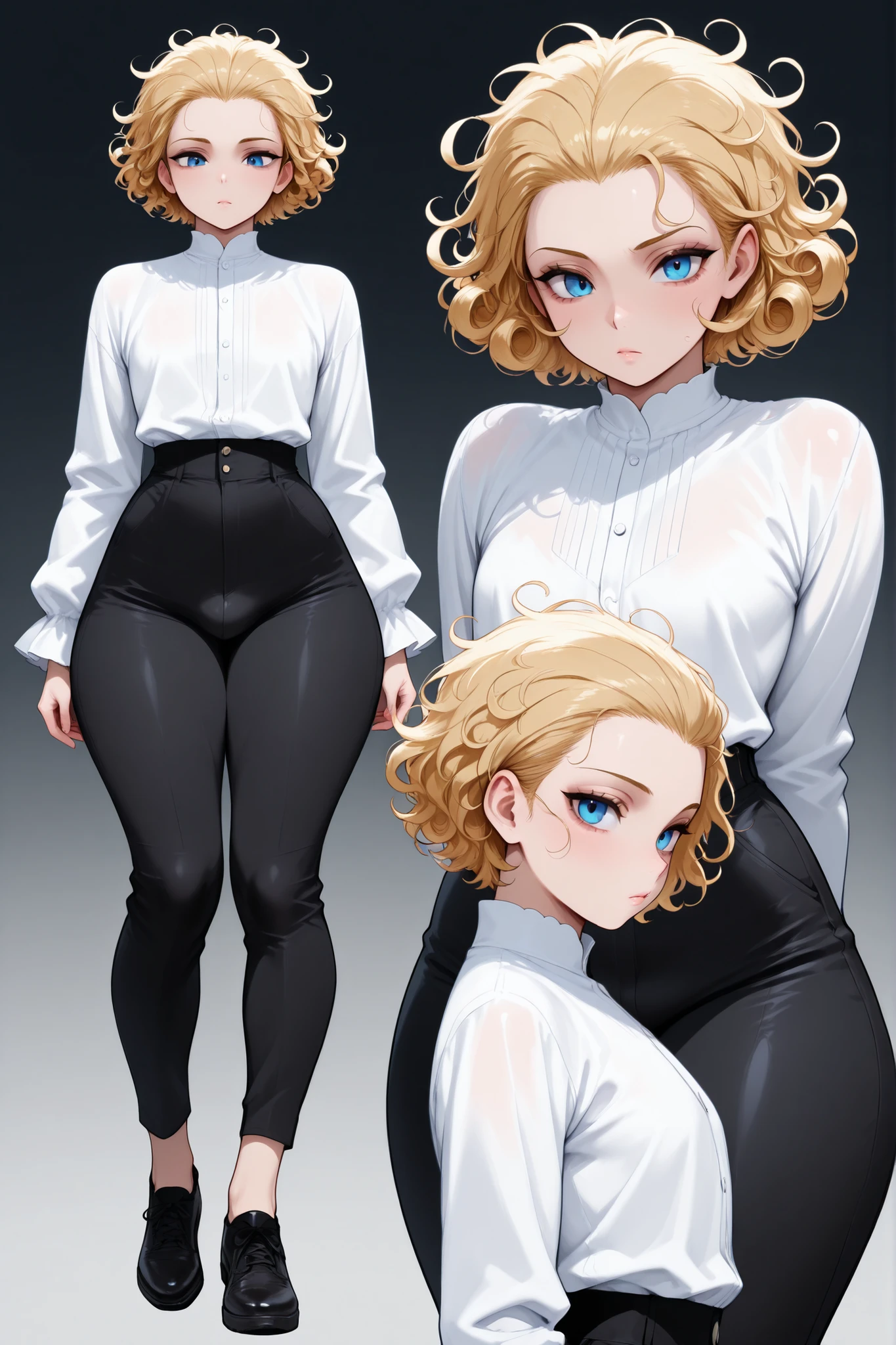 1boy, femboy, blonde Hair, curly hair, blue eyes, thick thighs, small waist, black pants, white shirt, messy hair, curly hair, short hair, hair pulled back, Glossy skin, long sleeves, multiple views, black shoes, slender shoulders