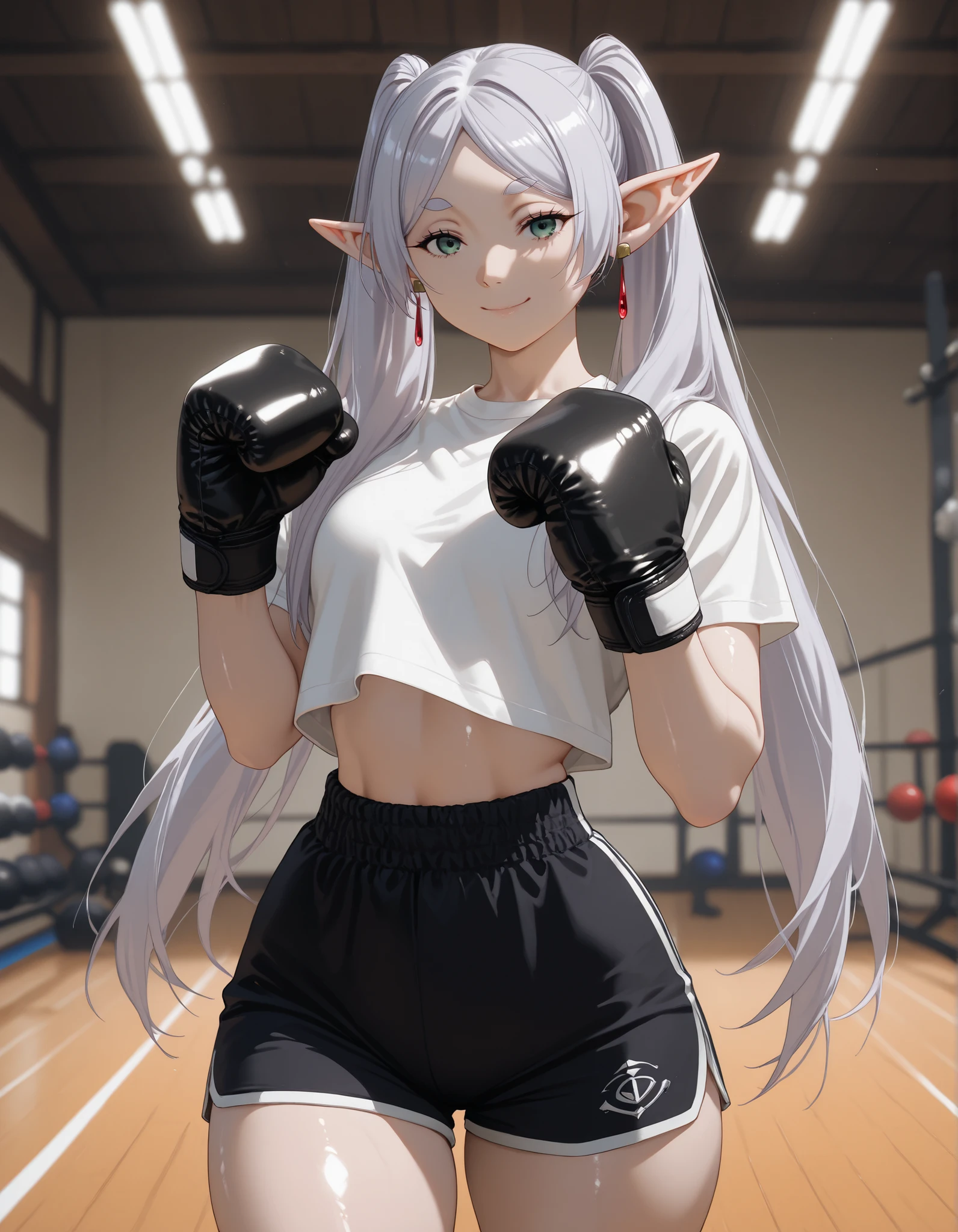 score_9, masterpiece, top quality, vibrant, Very Aesthetic, High Contrast , Semi-realistic, , natural light, Frieren(Sousou no Frieren) , 1girl , solo , elf , twintails , very long hair , silver hair , parted bangs , sidelocks , pointy ears , earrings , green eyes , white shirt, , athletic body, wide hips, thin waist, thick thighs, sexy smile,, shiny skin, seductive, , vivid colors,, , dynamic pose, ,shiny skin, look at viewer, perfect anatomy, indoors, , blurry background, black shorts, sport clothes, perfect hand, gym, indoors,, perfect hands, looking around, boxing gloves, combat pose,