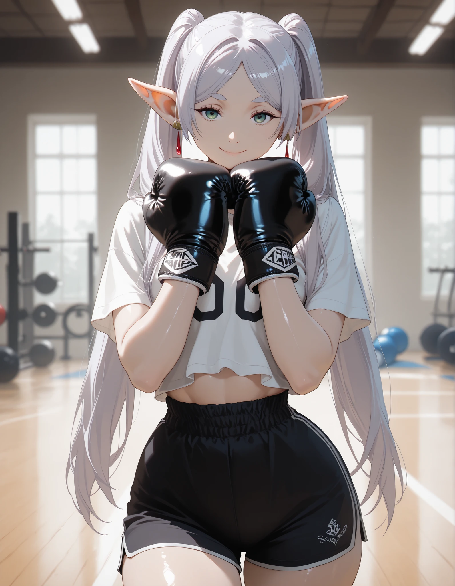 score_9, masterpiece, top quality, vibrant, Very Aesthetic, High Contrast , Semi-realistic, , natural light, short height, Frieren(Sousou no Frieren) , 1girl , solo , elf , twintails , very long hair , silver hair , parted bangs , sidelocks , pointy ears , earrings , green eyes , white shirt, , athletic body, wide hips, thin waist, thick thighs, sexy smile,, shiny skin, seductive, , vivid colors,, , dynamic pose, ,shiny skin, look at viewer, perfect anatomy, indoors, , blurry background, black shorts, sport clothes, perfect hand, gym, indoors,, perfect hands, looking around, boxing gloves, combat pose,