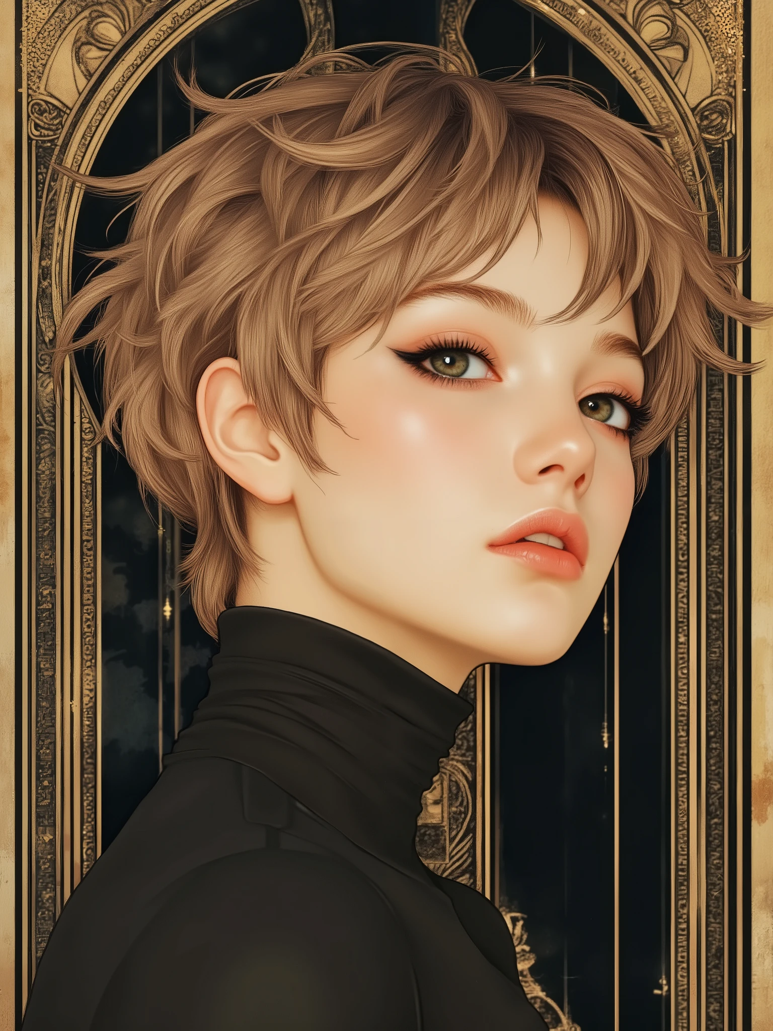 FictionalPeach, stm211, illustration, flat art, very aesthetic,
BREAK
pixie cut, messy, short light-brown hair. A sophisticated minimalist girl. Simple but elegant outfit. portrait, from side. She is smiling gently.
BREAK
The character's touch is depicted using StyleModel V6.
The character is placed on the right side of the screen, and the background is also depicted.
BREAK
The background is a black and gold Art Deco style geometric pattern.