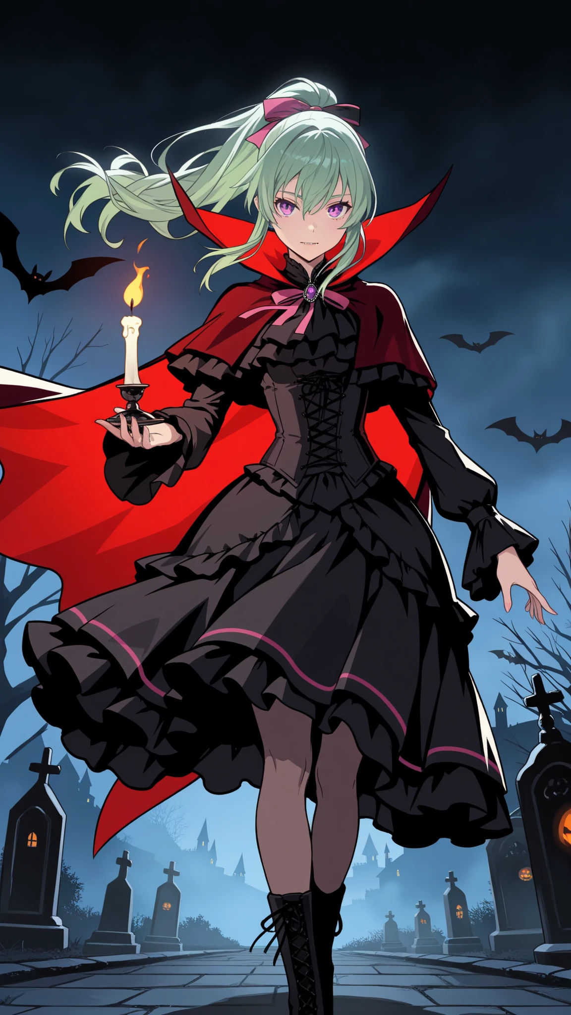 Set-Flat-Style, flat color, clean lines, screentones, graphic style, flat illustration, dynamic composition, high contrast, (masterpiece:1.3), (best quality), (ultra detailed), (dramatic lighting), (cinematic atmosphere),
a beautiful anime magic girl with long green hair tied in a pink ribbon ponytail, striking purple eyes,
wearing a black and red gothic lolita style dress with lace, frills, and a flowing dark red cape,
vampire-inspired fangs visible, intricate bat-shaped accessories, small tattoos on exposed skin,
holding a glowing candle in one hand, mystical aura surrounding her,
standing in a moonlit graveyard with ancient tombstones and a dark, gothic castle in the background,
fog and mist swirling around her feet, faint glowing lights and shadows casting an eerie yet elegant mood,
flowing hair and cape swaying in the wind, dynamic pose, enchanting gaze,
beautiful detailed eyes, ultra-detailed clothing and textures, cinematic composition, fantasy night scene, (halloween:1.2), (mysterious and dark atmosphere)