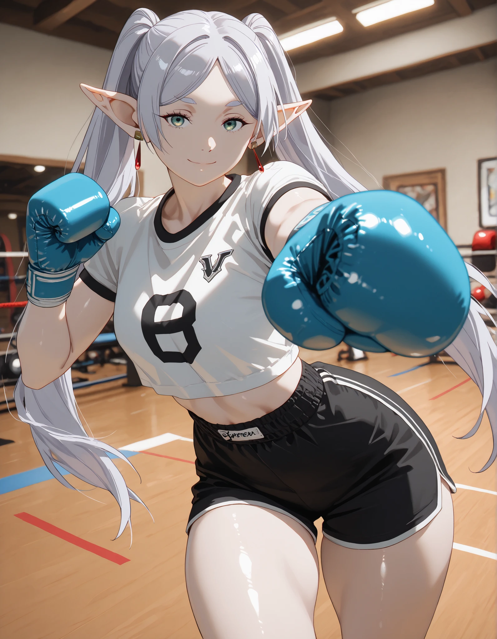 score_9, masterpiece, top quality, vibrant, Very Aesthetic, High Contrast , Semi-realistic, , natural light, short height, Frieren(Sousou no Frieren) , 1girl , solo , elf , twintails , very long hair , silver hair , parted bangs , sidelocks , pointy ears , earrings , green eyes , white shirt, , athletic body, wide hips, thin waist, thick thighs, sexy smile,, shiny skin, seductive, , vivid colors,, , dynamic pose, ,shiny skin, look at viewer, perfect anatomy, indoors, , blurry background, black shorts, sport clothes, perfect hand, gym, indoors,, perfect hands, looking around, boxing gloves, incoming punch