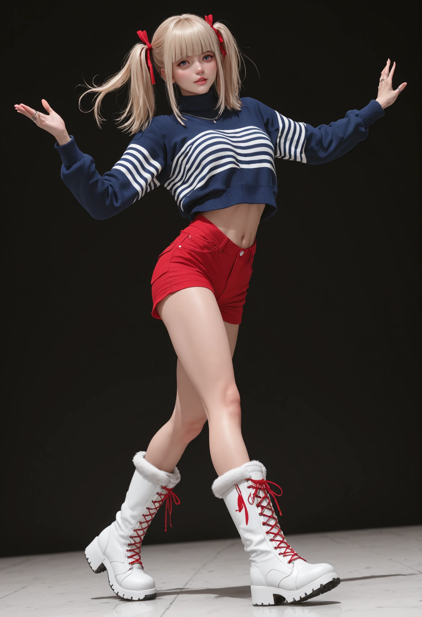 masterpiece,the best quality,newest,nonsense,Highres,1 pop girl,dynamic dance with twist,dynamic pose,white bear hair boots,polar boots,red shorts,navel,dark blue sweater with white stripes,(hairstyle with 2 pigtails),blond hair,bangs,rings,red ribbon on white boots,fondo borroso,motion blur,flowing hair,URBAN DANCE,Choreography