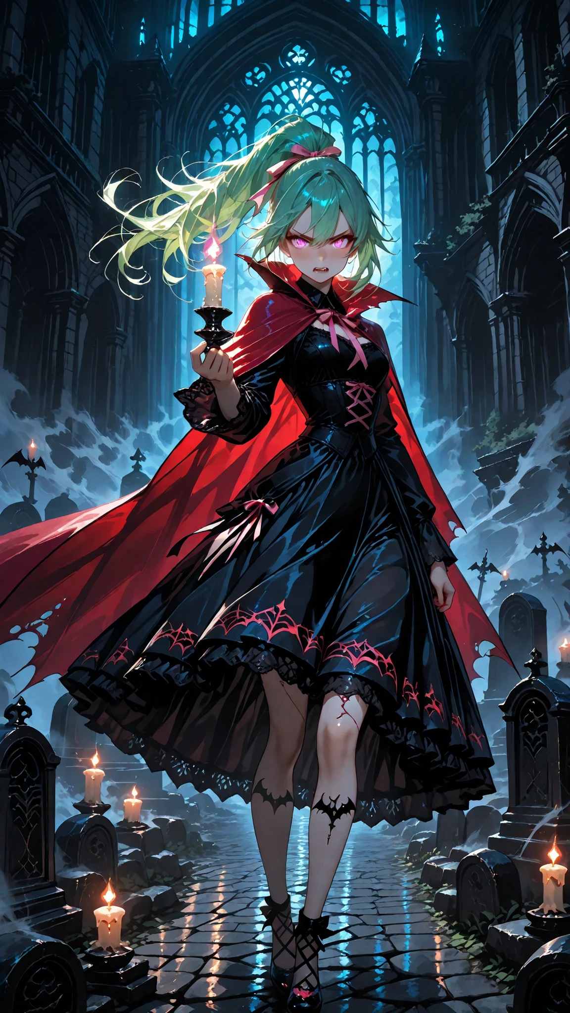 moody lighting, dramatic shadows, bloom lighting, colored shadows, masterpiece, best quality, ultra detailed, high quality, sharp focus, dynamic composition, cinematic, (masterpiece:1.3), (best quality), (ultra detailed), (dramatic lighting), (cinematic atmosphere),
a beautiful anime magic girl with long green hair tied in a pink ribbon ponytail, striking purple eyes, a little embarrassed,
wearing a black and red gothic lolita style dress with lace, frills, and a flowing dark red cape,
vampire-inspired fangs visible, intricate bat-shaped accessories, small tattoos on exposed skin,
holding a glowing candle in one hand, mystical aura surrounding her,
standing in a moonlit graveyard with ancient tombstones and a dark, gothic castle in the background,
fog and mist swirling around her feet, faint glowing lights and shadows casting an eerie yet elegant mood,
flowing hair and cape swaying in the wind, dynamic pose, enchanting gaze,
beautiful detailed eyes, ultra-detailed clothing and textures, cinematic composition, fantasy night scene, (halloween:1.2), (mysterious and dark atmosphere)