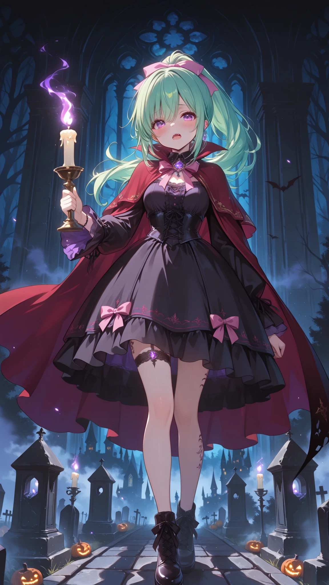 (masterpiece, detailed:1.2), (best quality), (dramatic lighting), (cinematic atmosphere),
a beautiful anime magic girl with long green hair tied in a pink ribbon ponytail, striking purple eyes, a little embarrassed,
wearing a black and red gothic lolita style dress with lace, frills, and a flowing dark red cape,
vampire-inspired fangs visible, intricate bat-shaped accessories, small tattoos on exposed skin,
holding a glowing candle in one hand, mystical aura surrounding her,
standing in a moonlit graveyard with ancient tombstones and a dark, gothic castle in the background,
fog and mist swirling around her feet, faint glowing lights and shadows casting an eerie yet elegant mood,
flowing hair and cape swaying in the wind, dynamic pose, enchanting gaze,
beautiful detailed eyes, ultra-detailed clothing and textures, cinematic composition, fantasy night scene, (halloween:1.2), (mysterious and dark atmosphere)