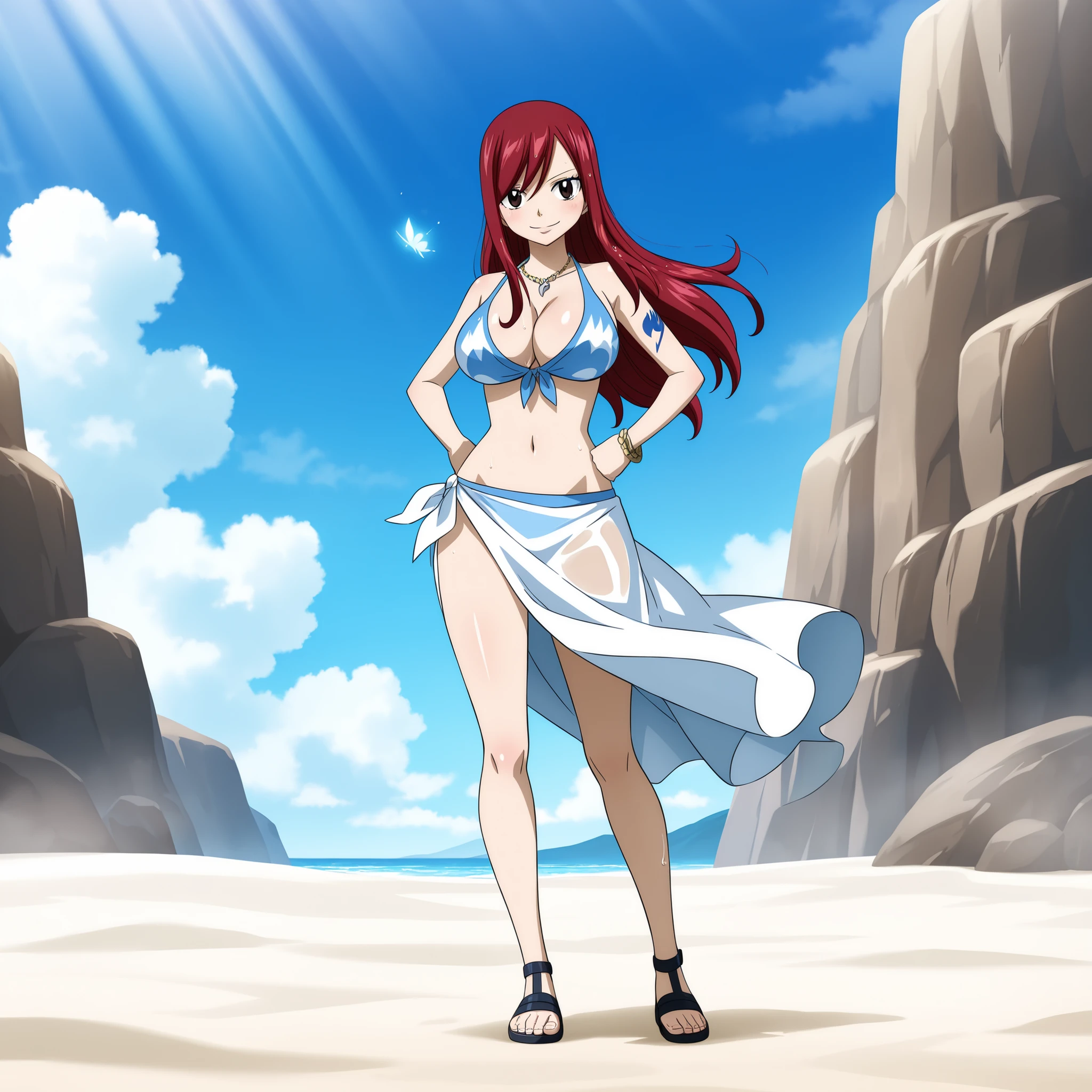 Erza Scarlet from Fairy Tail, 19 years old. Long red hair blowing in the wind, bright brown eyes, cheerful smile with a light blush. Her slender figure and large bare breasts, along with bracelets and a small necklace, walks along a beautiful paradise beach with white sand and blue sky. Highly detailed anime art, vibrant lighting, and soft, glowing skin. Cheerful smile. Wet body and hair. Full body shot. Standing with hands on hips.