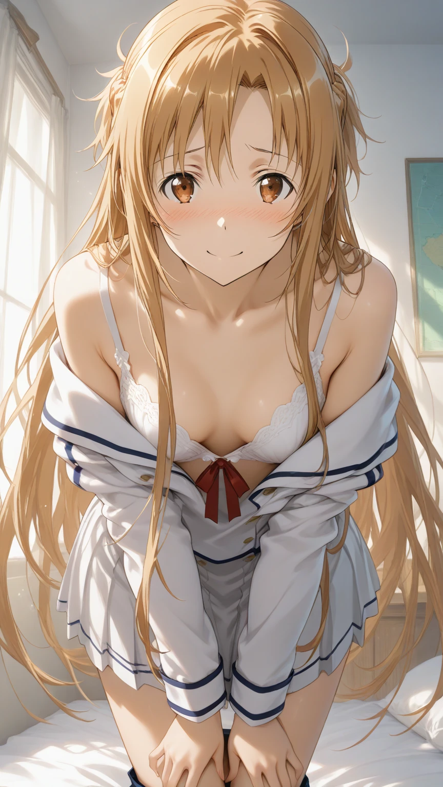 (????), masterpiece, best quality, highres 64k, professional artwork, famous artwork, clean, cinematic lighting, beautiful eyes + detail, beautiful hair + detail, multicoloured hair,  (???? young female body:1.4), ( ??????????????, lactation), happy:1.2, smile, ???? looking at the viewer, floating hair, kalina, KalinaGK, blonde hair,  blue eyes, white shirt, indoors, doorway, open door,  (welcome home)