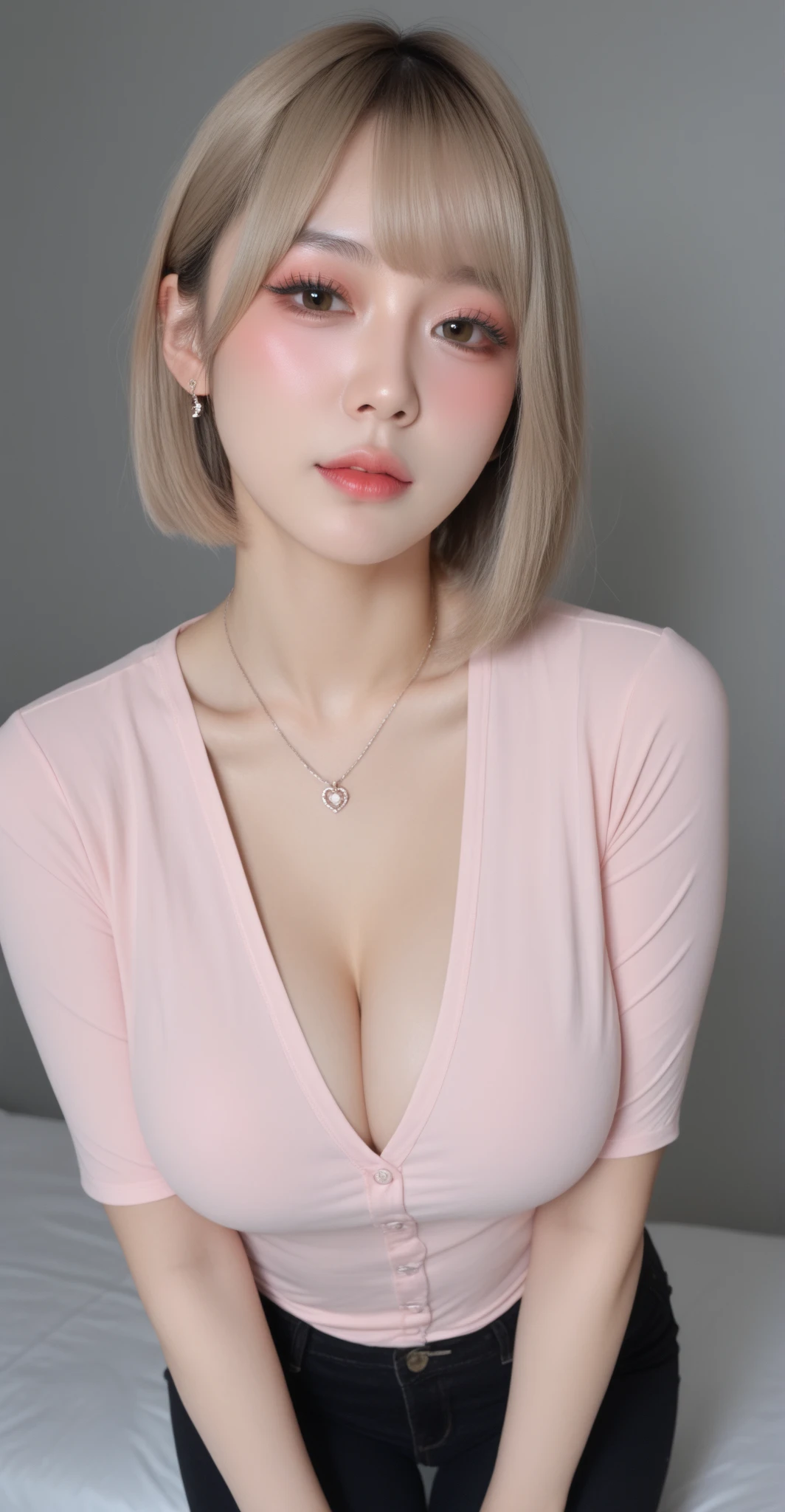 8K RAW photos, 17-year-old cool Korean, big round , cleavage, beautiful abs,  , beautiful eyes in detail, eyelashes, beautiful double eyelids, eye shadow, slit eyes, sanpaku eyes, perfect eye makeup, tight smile, beautiful thin legs, bright blonde hair, bob cut, various hairstyles, ponytailearring