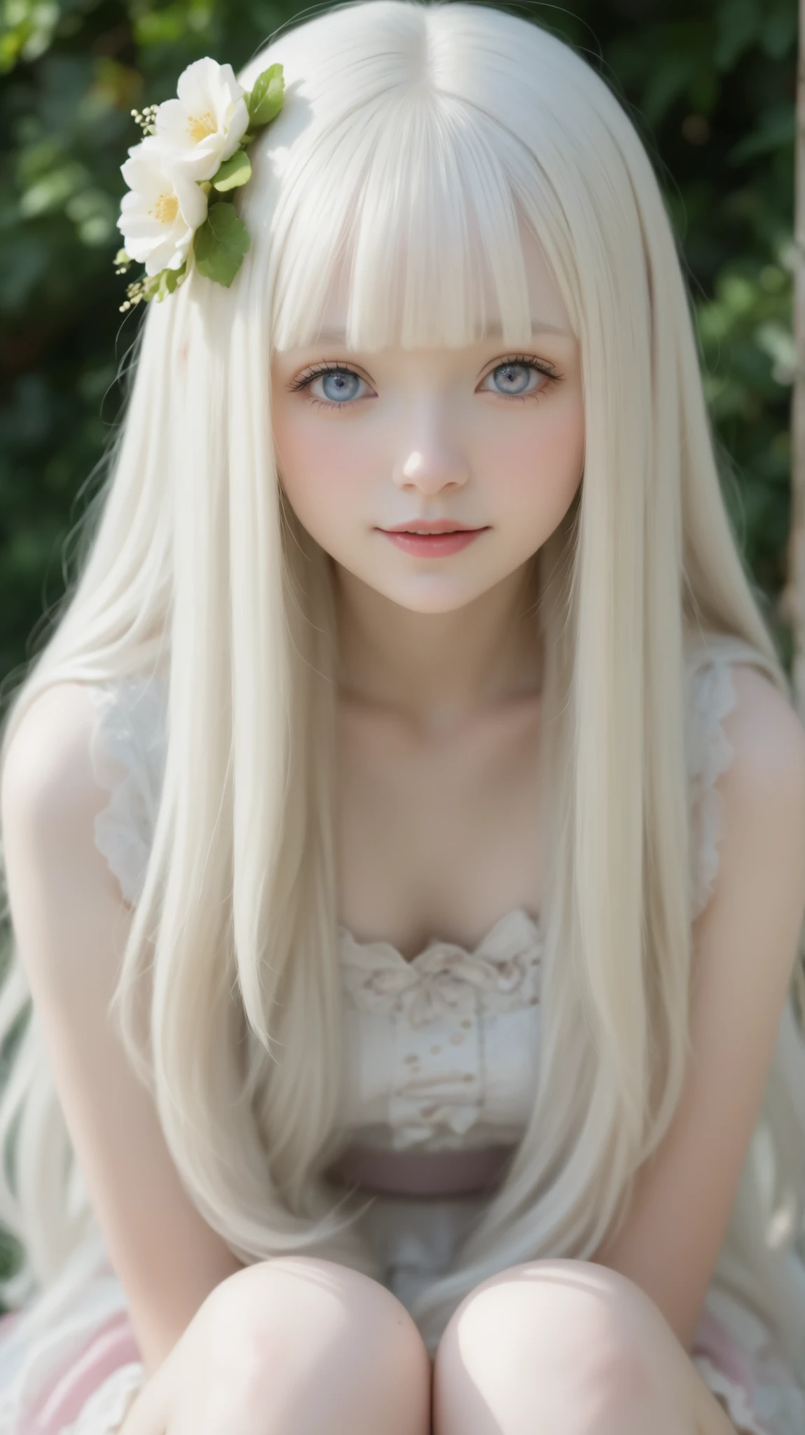  bright color:1.7、  is repairing a lost pastel color :1.7、(  Highest Quality 、masterpiece、  in en very detailed、  one girl 、((非常に  cute faces getting creampied)) , ((  long hair )),  long gray hair ,  very long straight hair  , short bang, albino white skin,  、You have beautiful eyes  ,  Women's Realistic Texture ,  cute faces getting creampied、Silky Short Blonde、 knees、  Gothic Fashion 、  in en very detailed目、  cute faces getting creampied、  bright color:1.7、  is repairing a lost pastel color :1.7