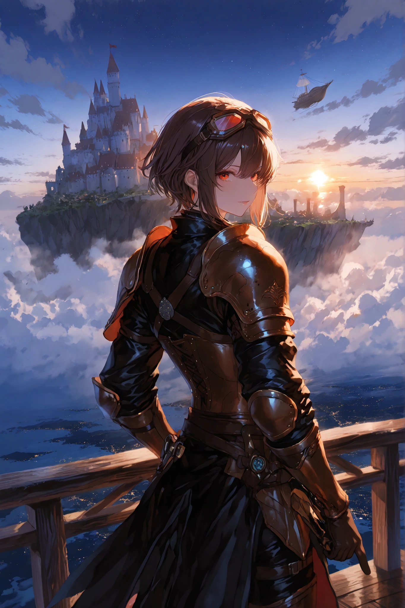 masterpiece,最High Quality,Super Detailed,high resolution,slender,High Quality、score_9、score_8_up、score_7_up、masterpiece、High Quality、Super Detailed、high resolution、High Quality、最High Quality、anime style、dynamic pose、masterpiece、one girl（Adventure、 Leather Armor、Goggles、Pointing to a castle floating in the sky、a few times、red eyes、brown skin、Stand on the deck of an airship）、A majestic wooden airship is sailing through the sky、Propeller Equipment、Castle in the Sky、airship deck、、A majestic floating castle on a cloud island, fantasy, breathtaking landscape, detailed digital art, dramatic lighting, high resolution.