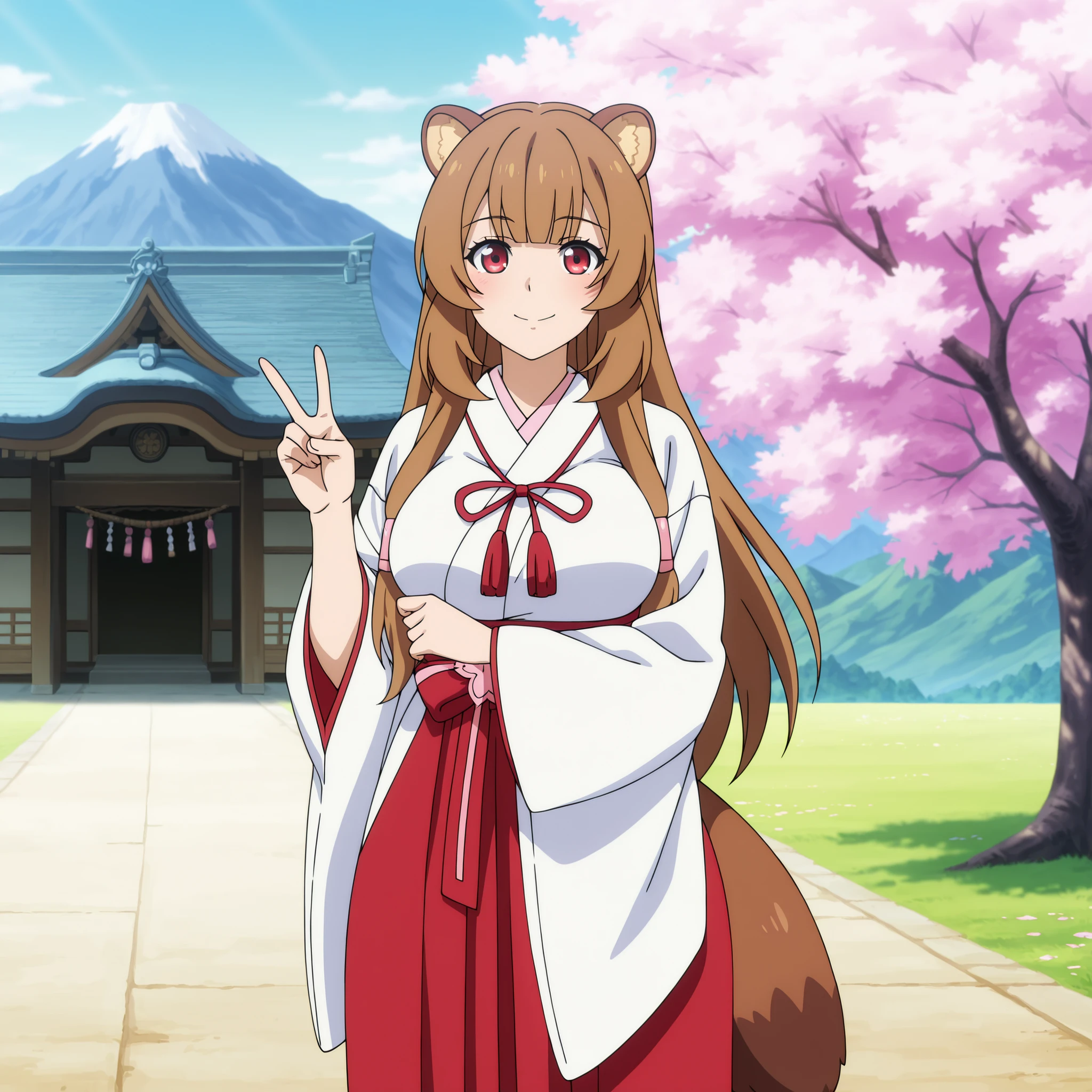 anime screenshot, ultra-detailed masterpiece, best quality, 1girl, solo, bright happy smile, flushed cheeks, glowing detailed skin, straight bangs, extremely long light brown hair, red eyes, raccoon ears, fluffy raccoon tail, hair tubes, curvy body with large breasts. Wearing a white kimono with long flowing sleeves and a red hakama tied with a ribbon at the neck. She stands confidently on a scenic hill, surrounded by blooming cherry blossoms and traditional Eastern-style buildings. Mountains and clear blue skies stretch in the background. She raises her hand in a cheerful V-sign, greeting the viewer. Highly detailed anime art, vibrant lighting, cinematic composition, warm and joyful mood.
