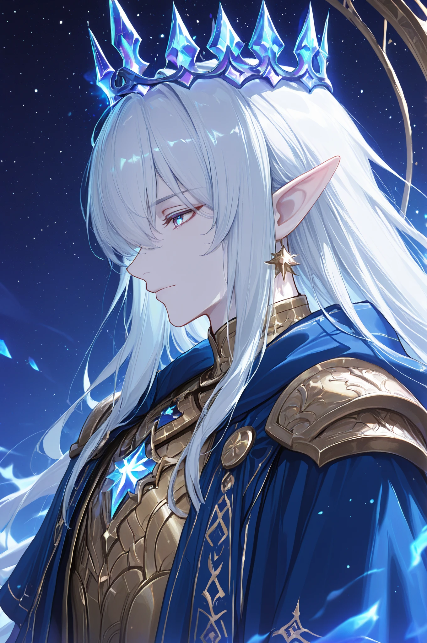 1man, elven ears, electric god, blue black hair, short messy hairstyle, glowing blue eyes, electric spark, monk, elegant thai clothes,