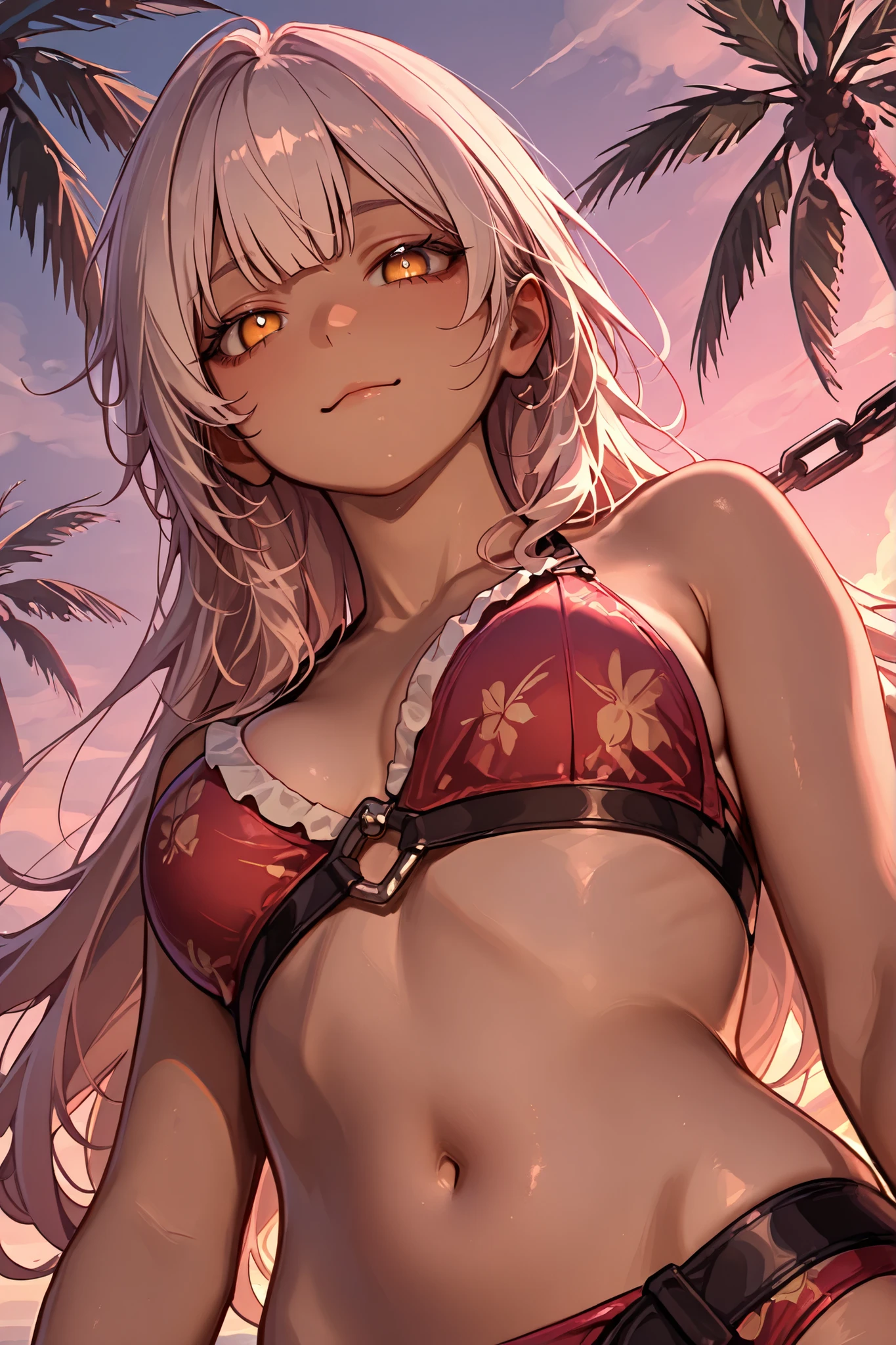 Koneko Toujou from High School DxD, white hair, yellow eyes, cat ear, ., cute Beach background. Masterpiece, detailed, UHD